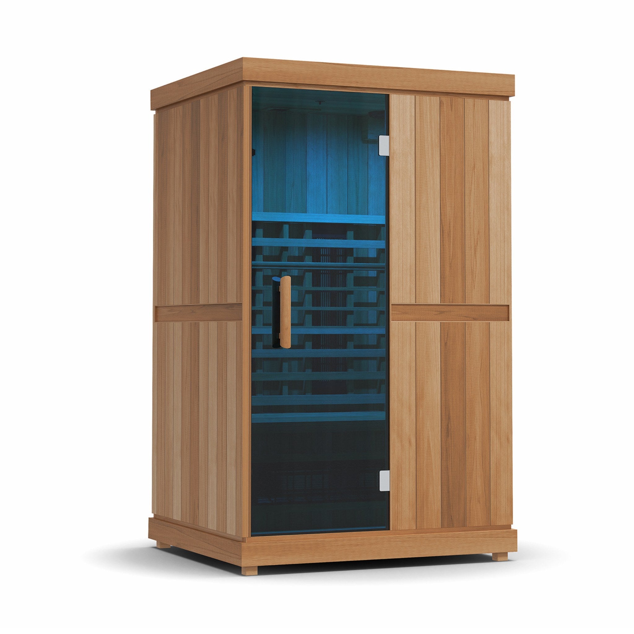 Angled view of the Finnmark FD-2 infrared sauna showcasing a closed glass door and wooden exterior on a white background.