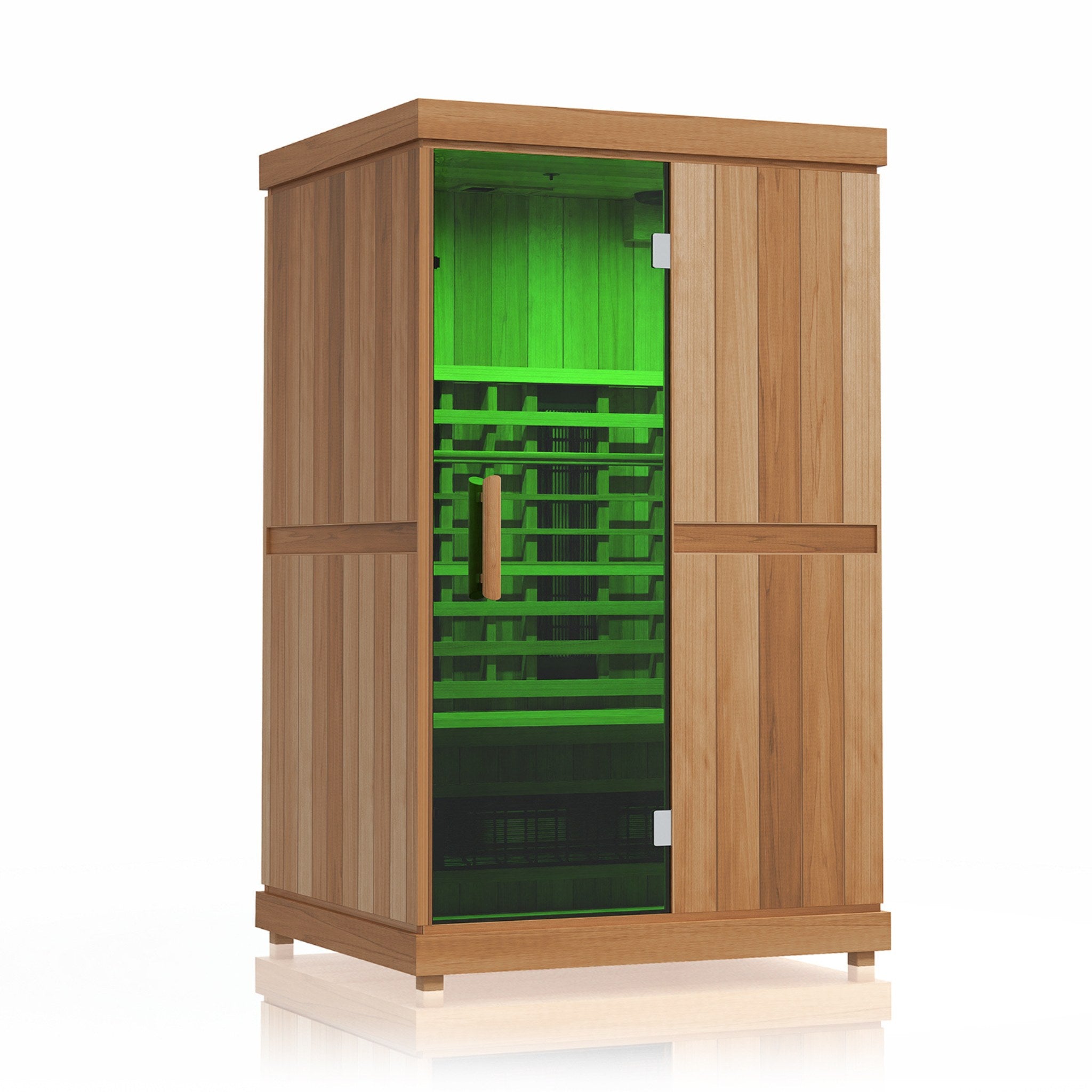 Front view of the Finnmark FD-2 infrared sauna featuring a green-lit interior, closed glass door, and wooden exterior on a white background.