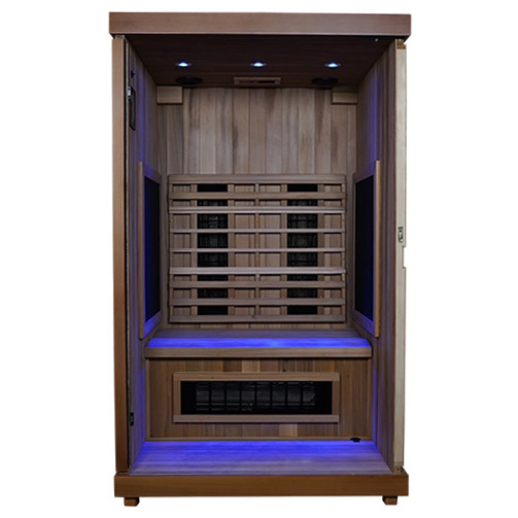 Front view of the Finnmark FD-2 infrared sauna showing blue interior lighting, heating panels, and a closed glass door on a white background.