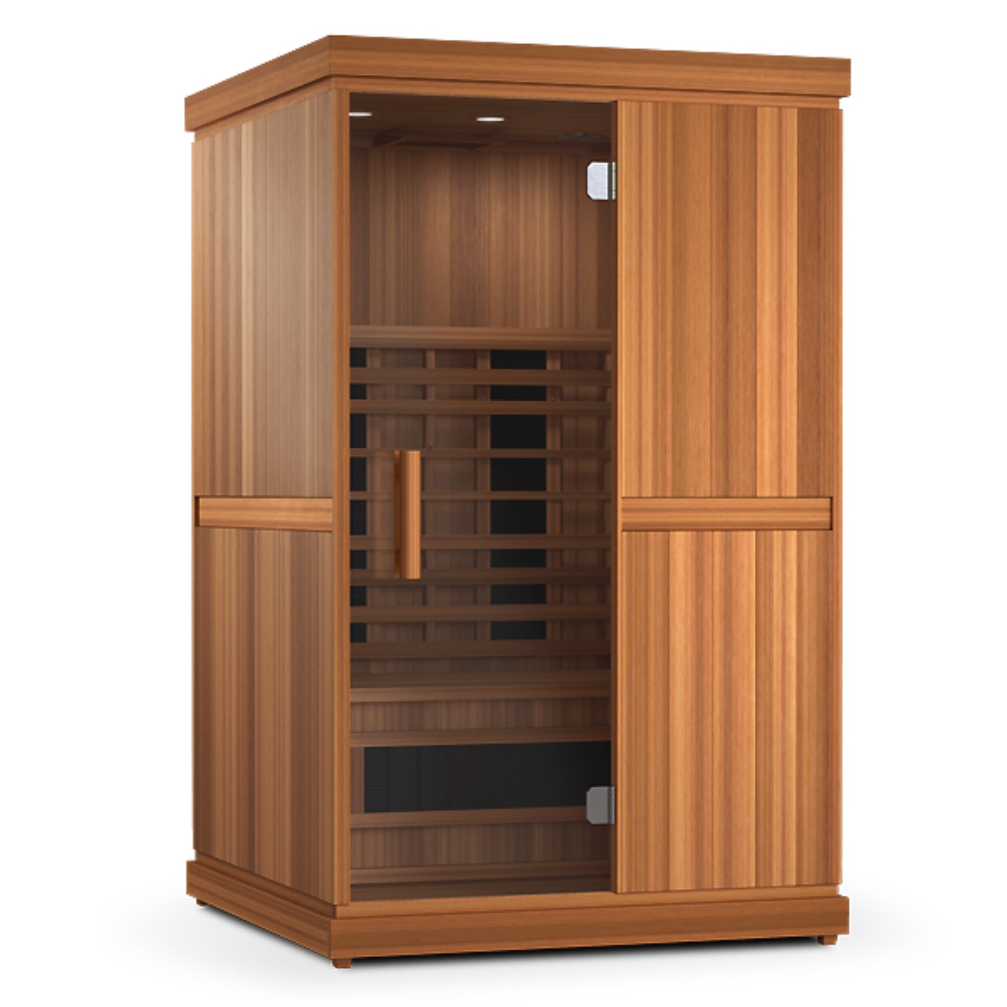 Front view of the Finnmark FD-2 infrared sauna with a closed glass door and wooden exterior on a white background.