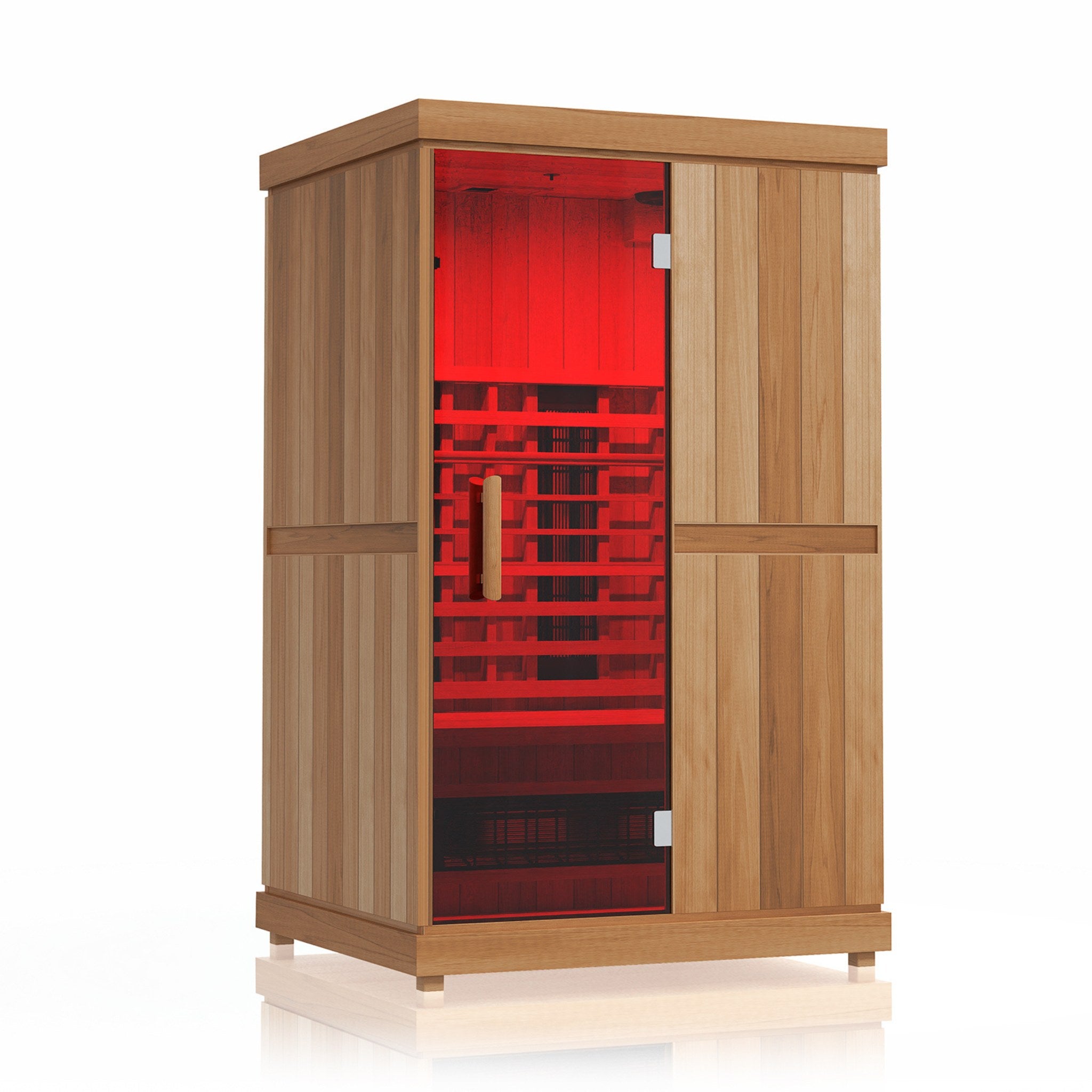 Angled front view of the Finnmark FD-2 infrared sauna featuring a red-lit interior, closed glass door, and wooden exterior on a white background.