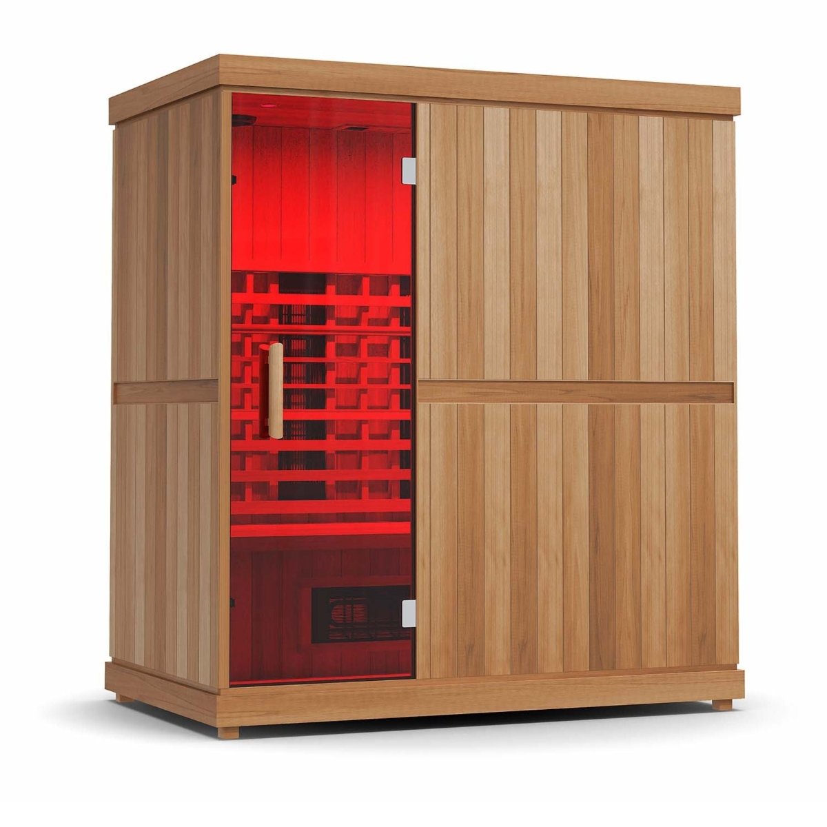Finnmark FD-3 infrared sauna with red-lit interior and wooden exterior.