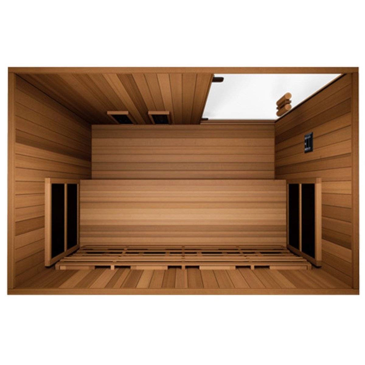 Top-down view of Finnmark FD-3 Full Spectrum Infrared Sauna showing spacious interior seating and heater layout.