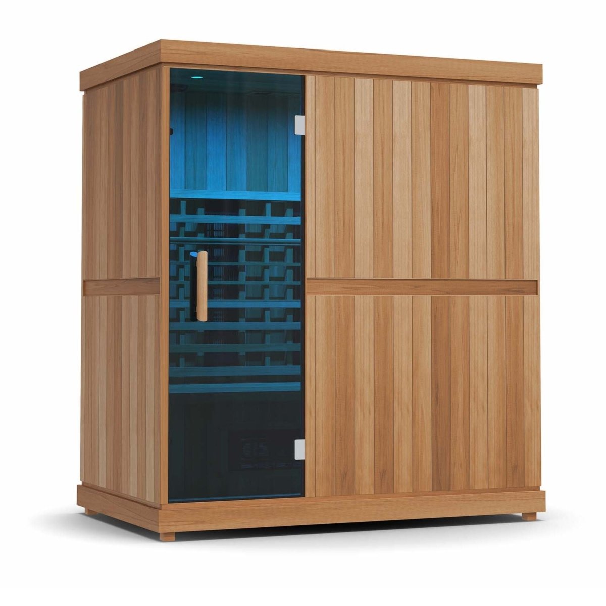 Finnmark FD-3 infrared sauna with blue-lit interior and wooden exterior.