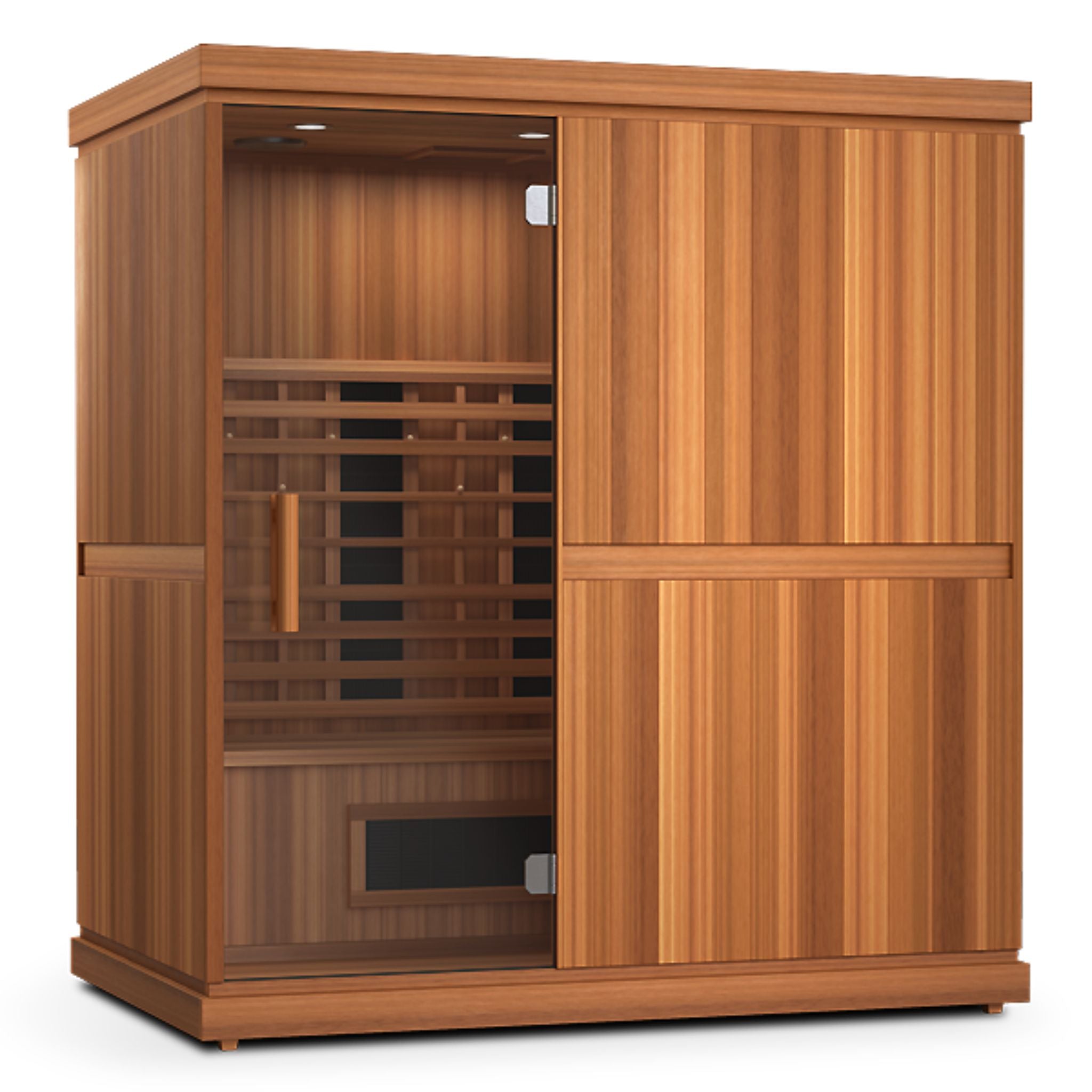 Angled side view of Finnmark FD-3 sauna highlighting smooth cedar wood finish and glass door.