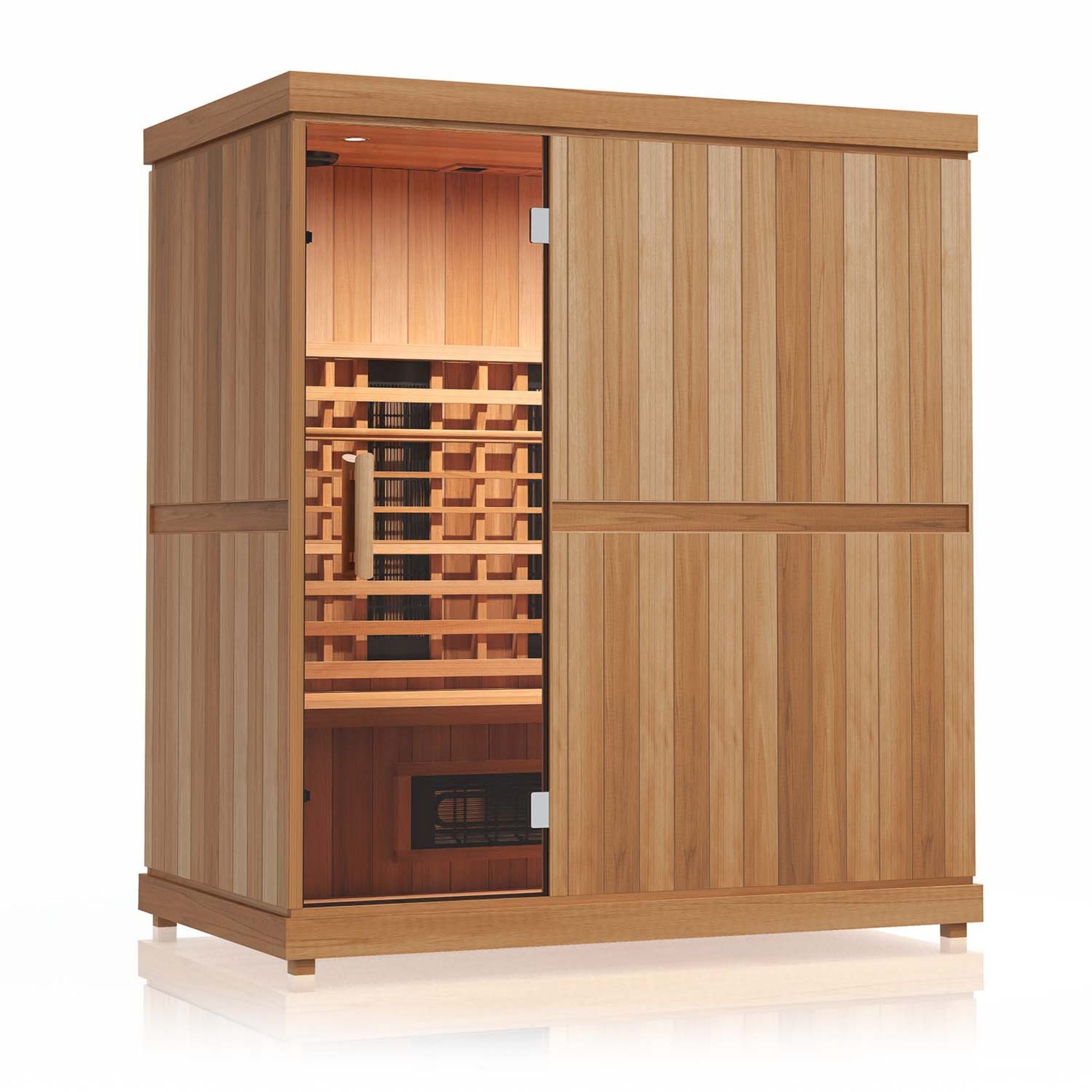 Finnmark FD-3 infrared sauna with closed glass door and wooden exterior.