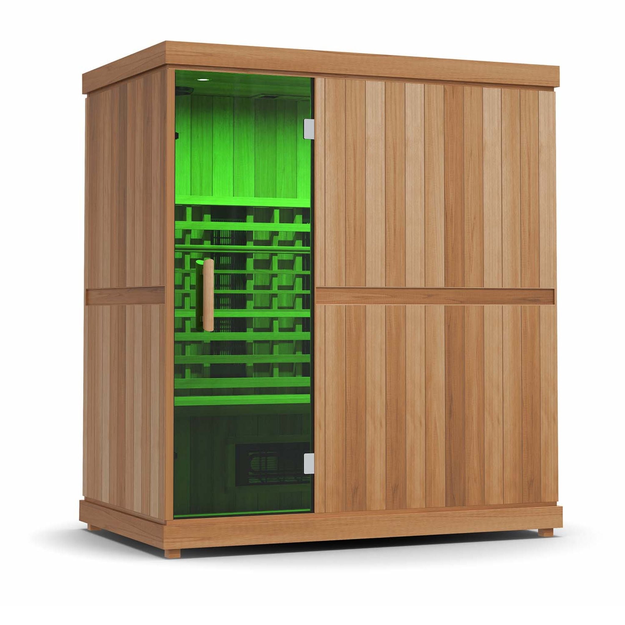 Finnmark FD-3 infrared sauna with green-lit interior and wooden exterior.