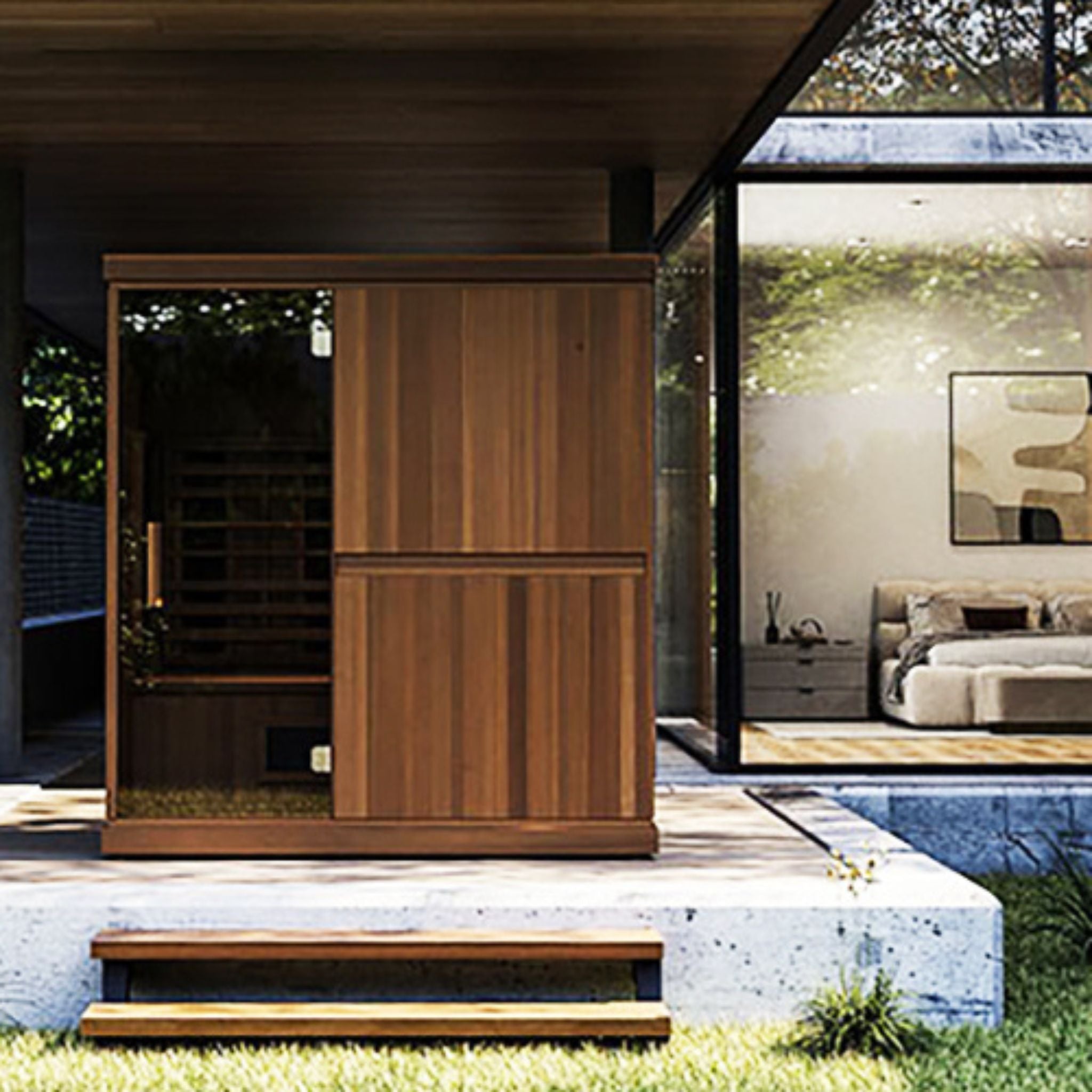Finnmark FD-3 Full Spectrum Infrared Sauna installed outdoors on a modern patio setting.