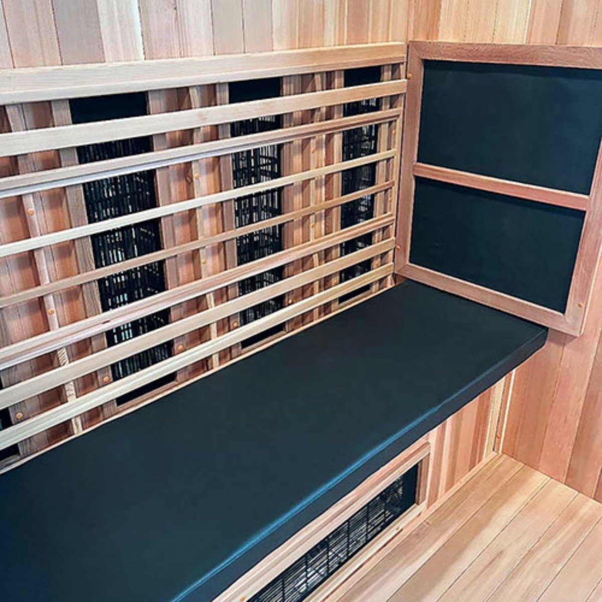 Finnmark FD-3 Sauna Cushion fitted on right side of an infrared sauna bench for enhanced comfort.