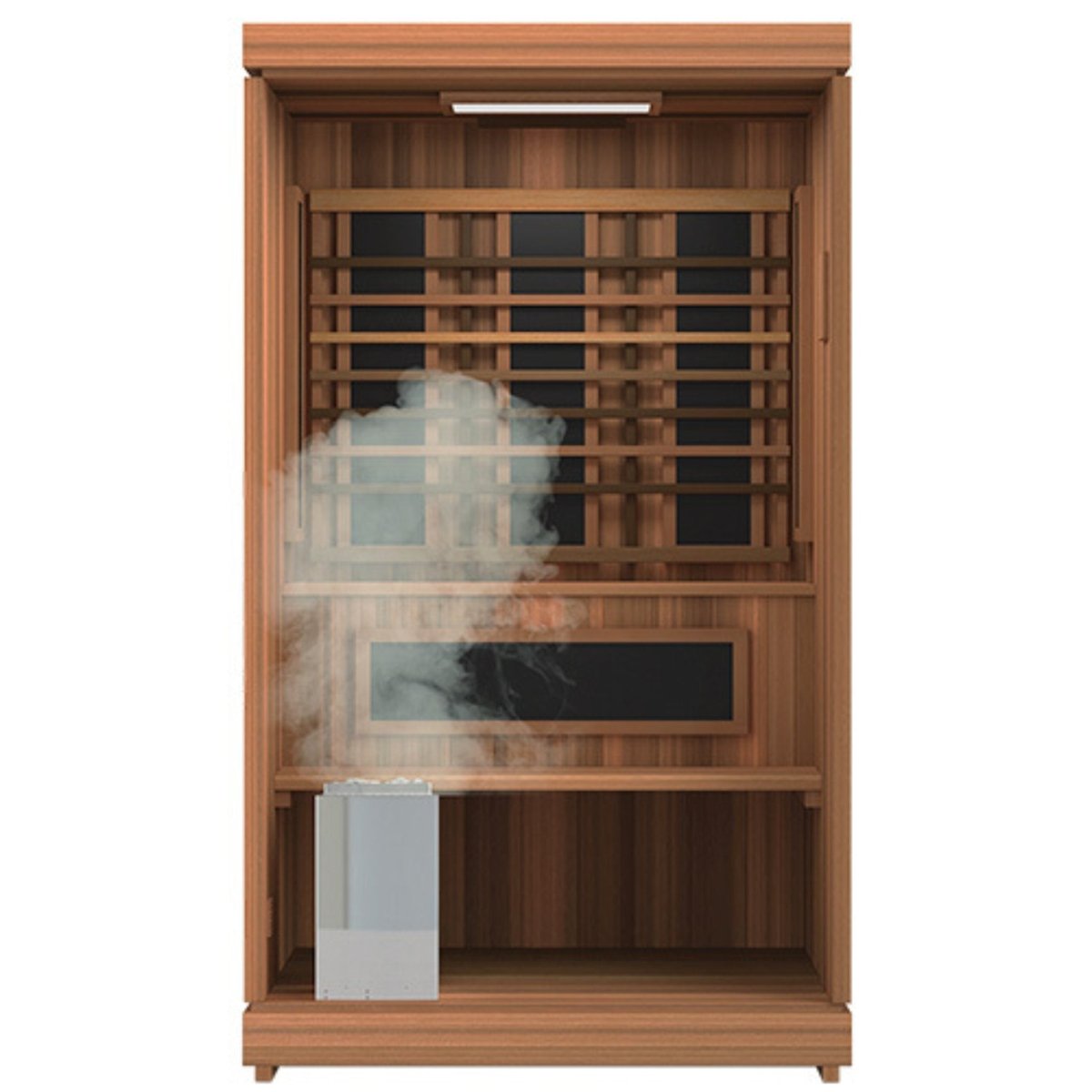 Finnmark FD-4 Trinity infrared and steam sauna front view showing glass door and wood design.