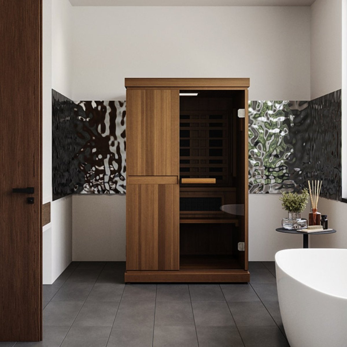 Finnmark FD-4 infrared steam sauna shown in a modern bathroom setting.