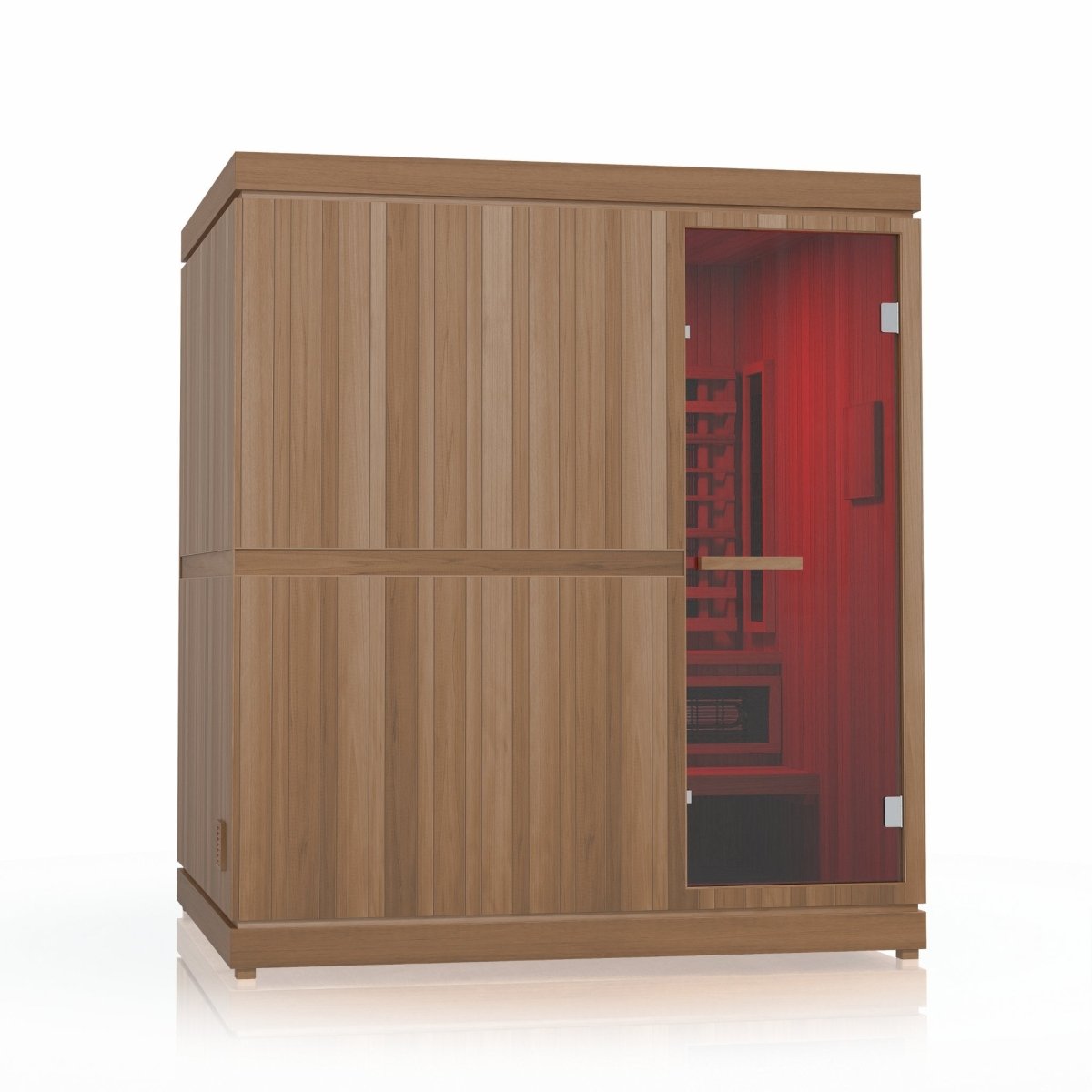 Finnmark FD-5 infrared steam sauna with orange-lit interior and glass door.