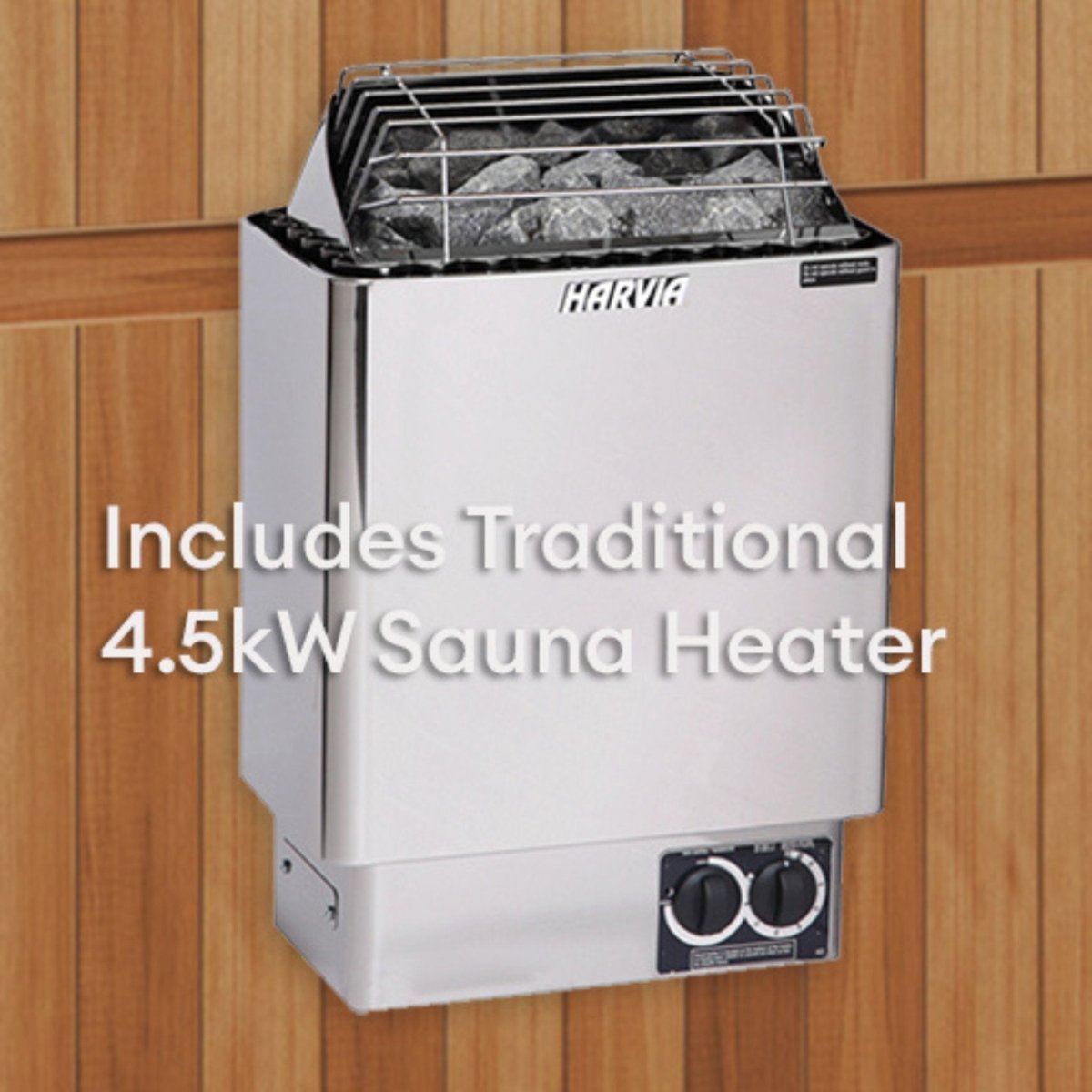 Finnmark FD-5 Trinity XL includes 4.5kW Harvia steam heater for efficient heat distribution.