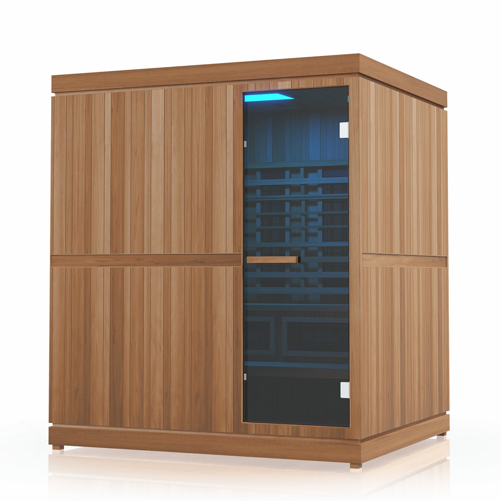 Finnmark FD-5 infrared steam sauna with wooden exterior and glass door.