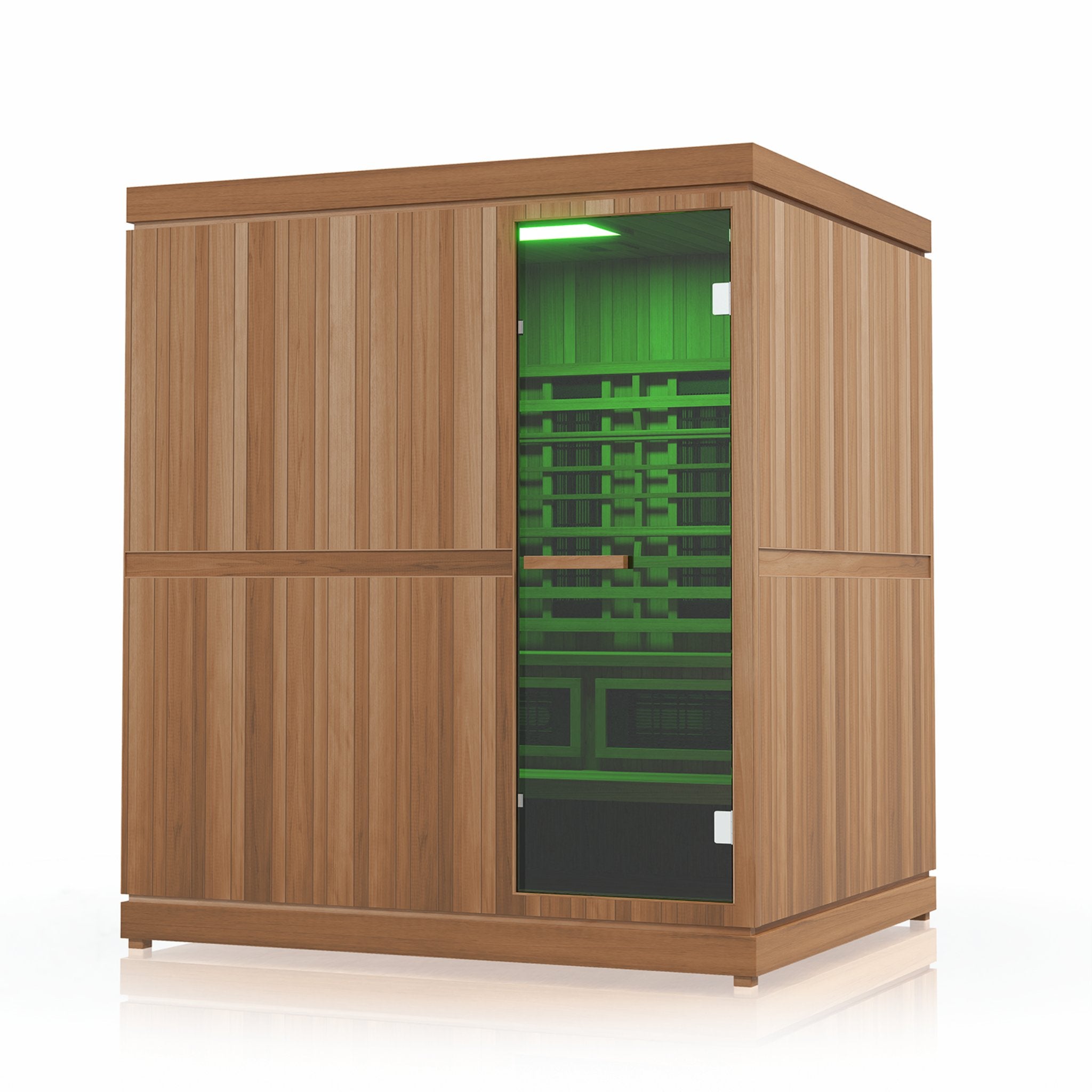 Finnmark FD-5 infrared steam sauna with green-lit interior and glass door.