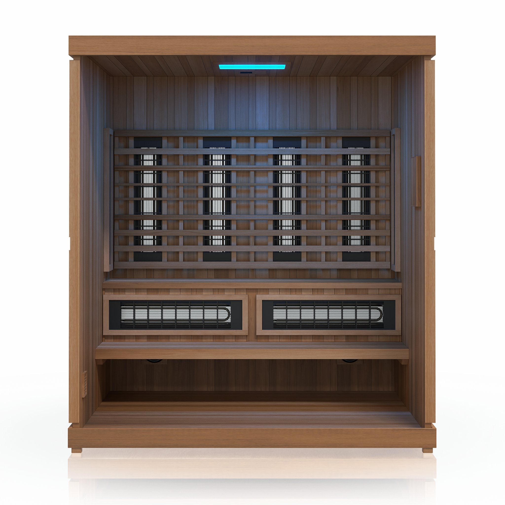 Finnmark FD-5 infrared steam sauna interior with dual heating panels.