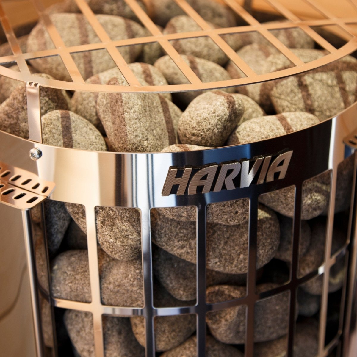 Harvia Cilindro PC90 sauna heater close up installed inside wood sauna