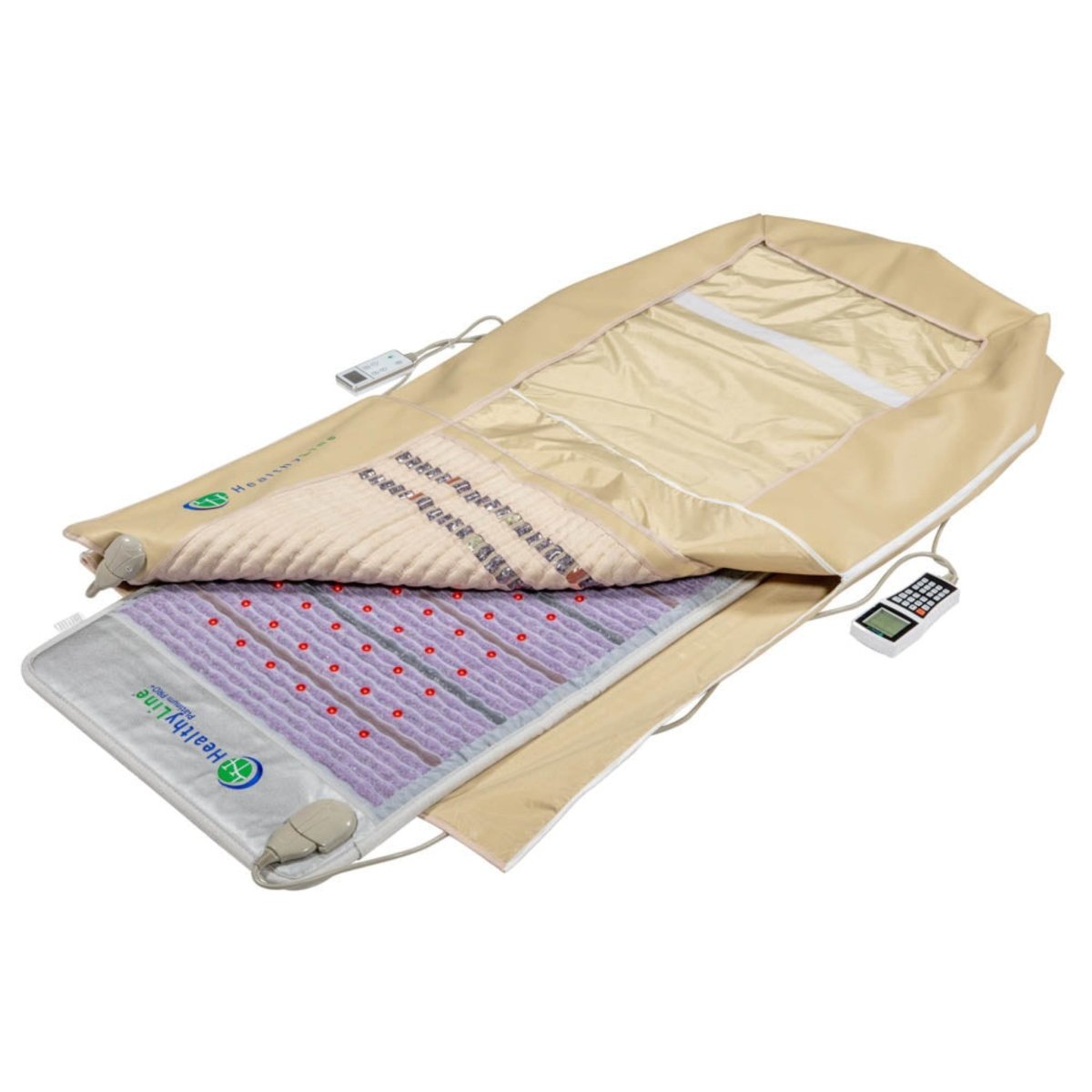 HealthyLine Platinum 360 Wrap Set PEMF Far Infrared Blanket opened to show gemstone heating mat and control panel