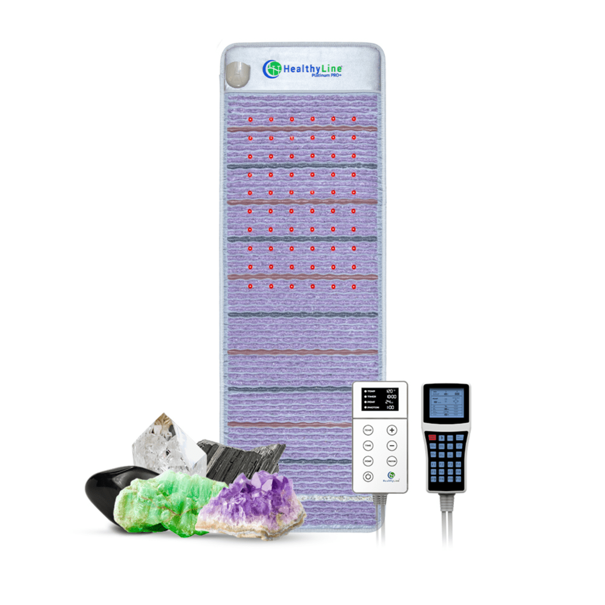 HealthyLine Platinum 360 Wrap Set PEMF Far Infrared Heating Mat with gemstones, remote controls, and crystal display