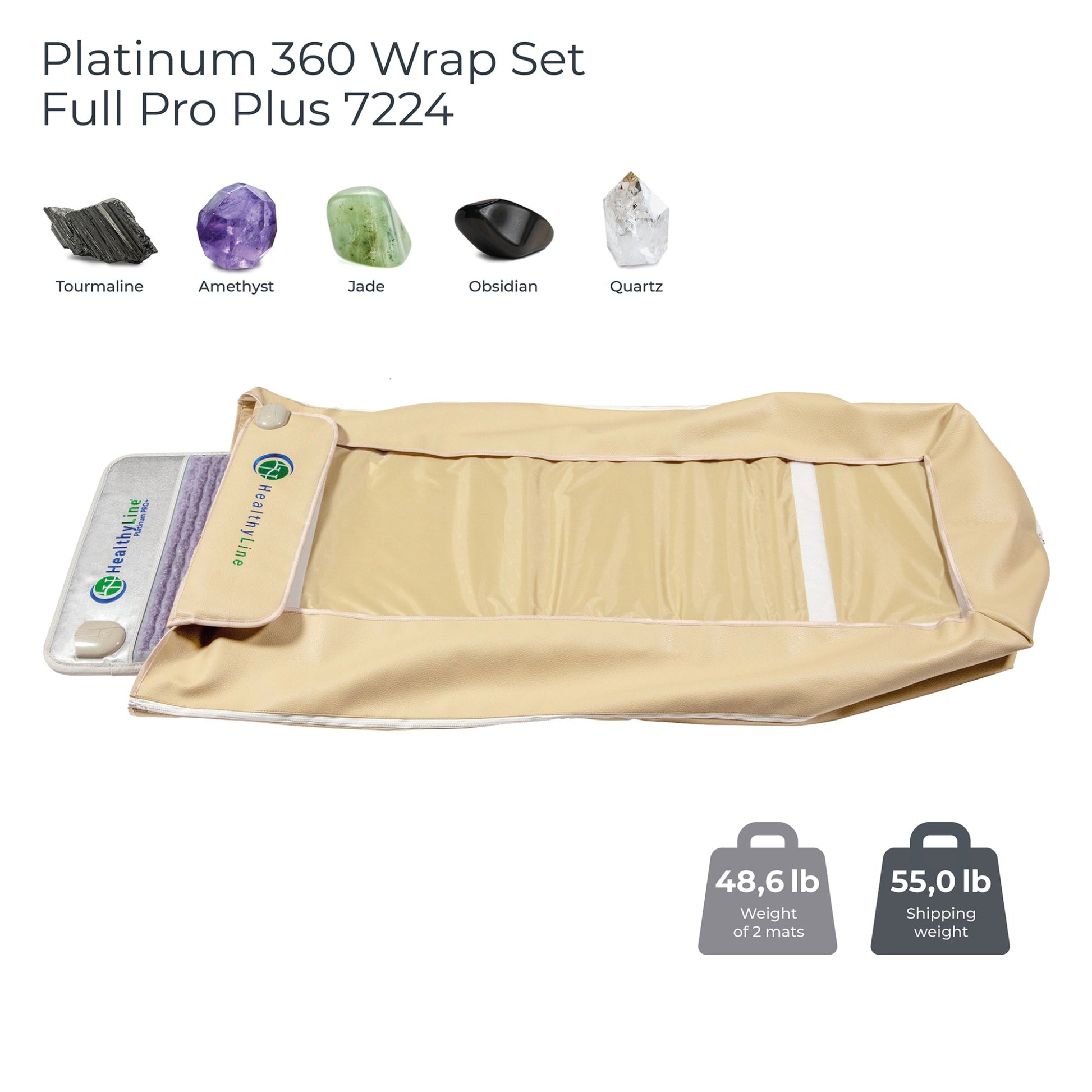 HealthyLine Platinum 360 Wrap Set Full Pro Plus PEMF Far Infrared Heating Mat with gemstones, remote controls, and weight details