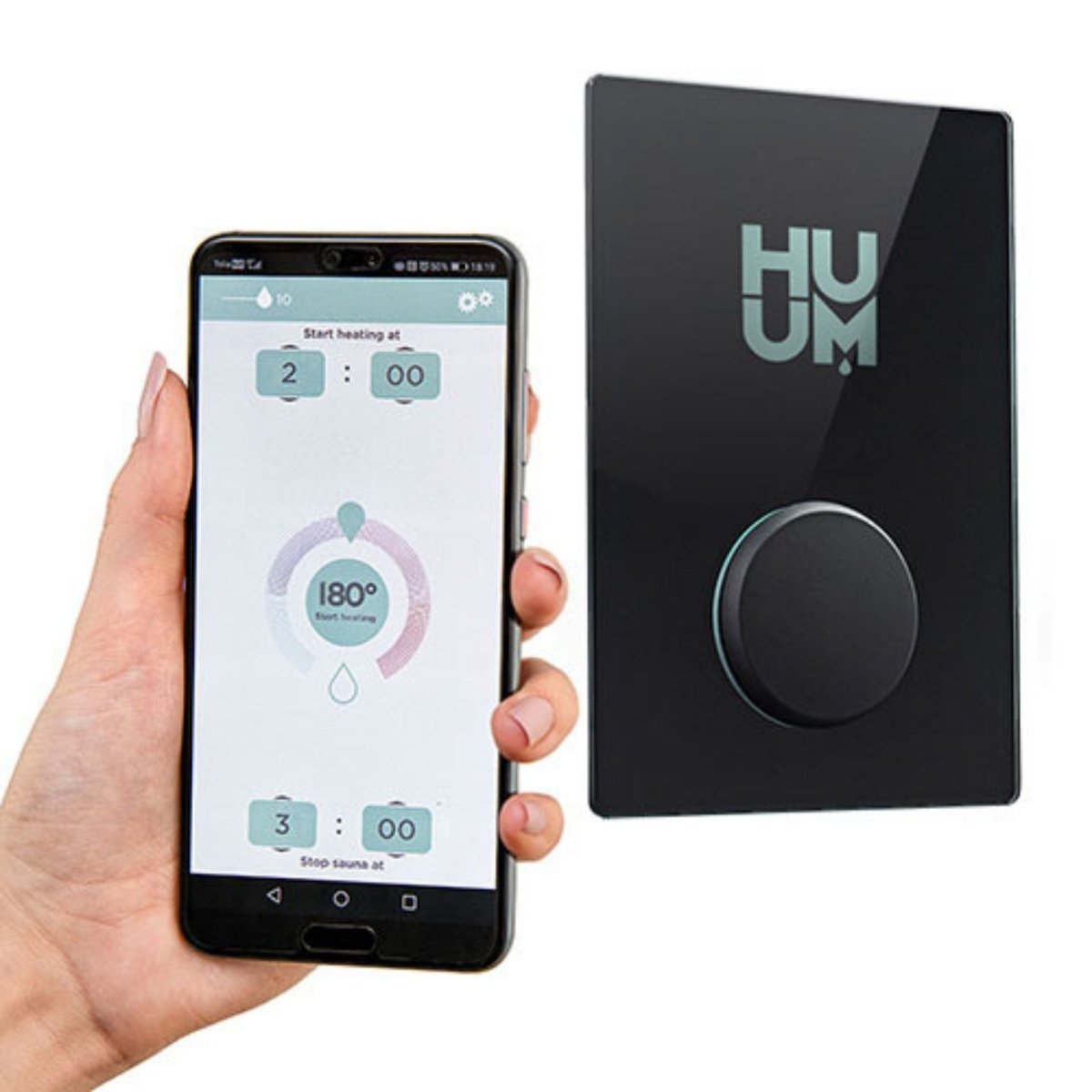 HUUM UKU Glass sauna controller shown with smartphone app interface