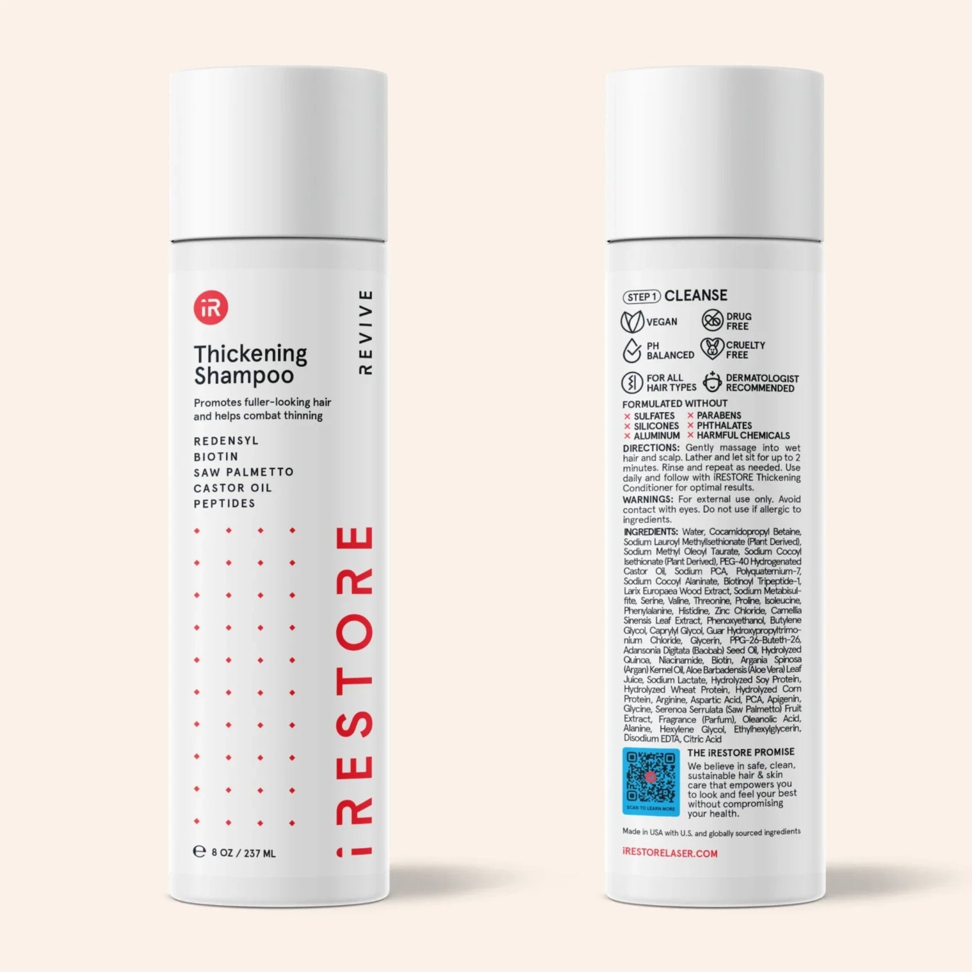 Back label of iRestore Anti-Thinning Shampoo showing ingredients and directions