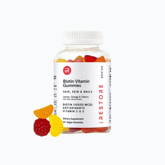 iRestore Biotin Gummies for hair growth in clear supplement bottle with fruits