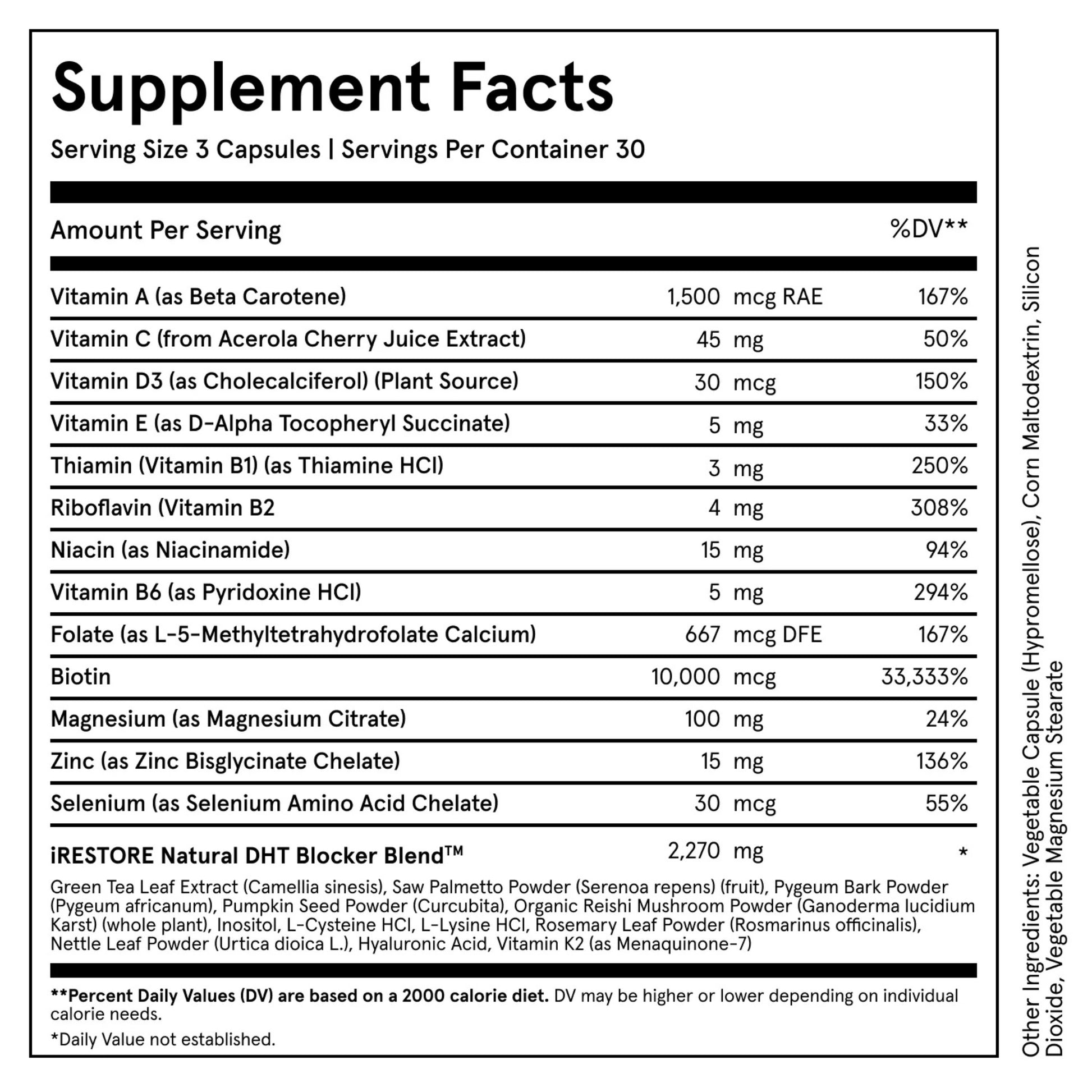 Supplement facts label for iRestore Hair Growth Formula dietary supplement