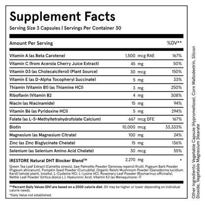 Supplement facts label for iRestore Hair Growth Formula dietary supplement
