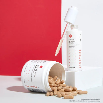 iRestore Hair Growth Formula jar placed on red background with capsules
