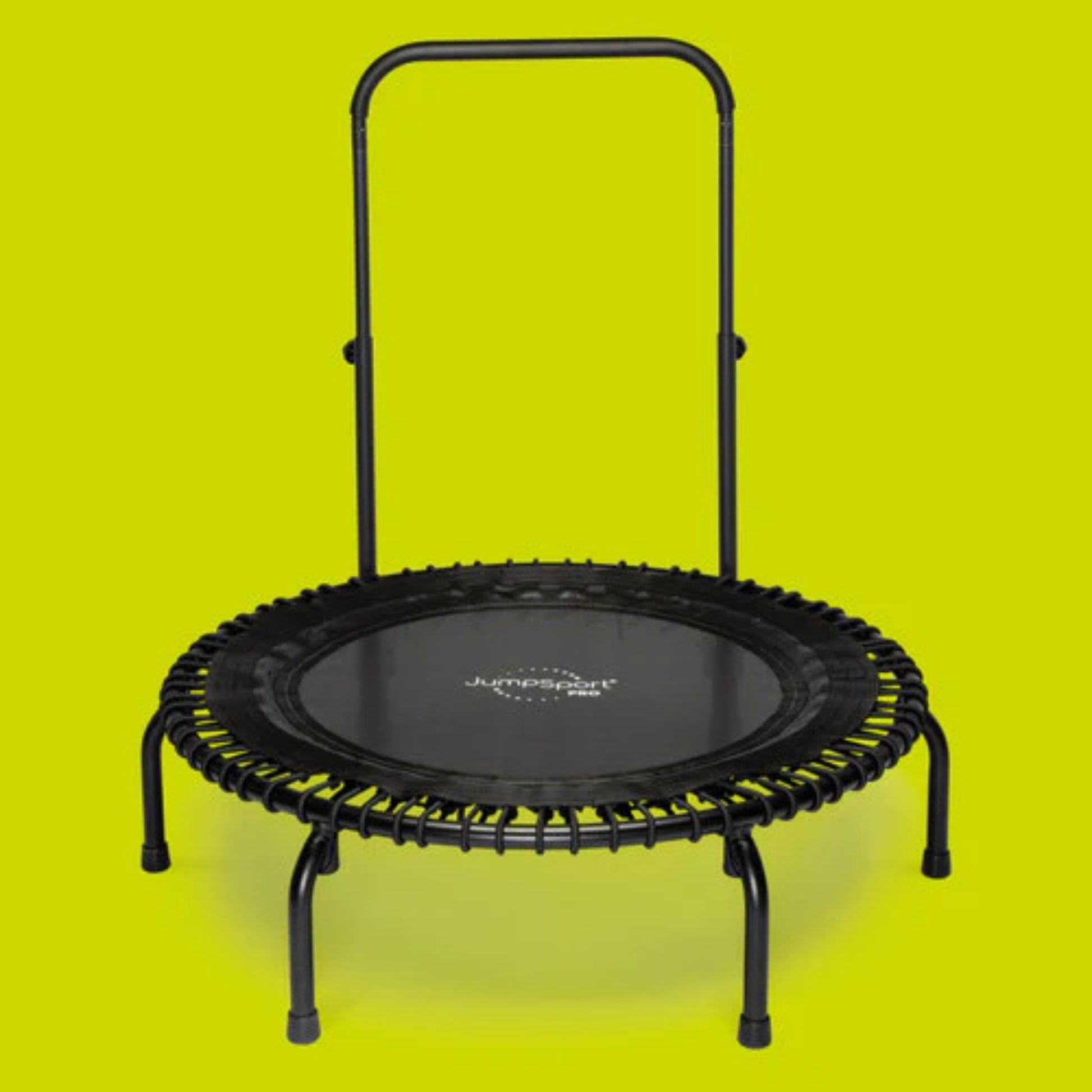 Jumpsport fitness trampoline with handlebar shown on bright green background