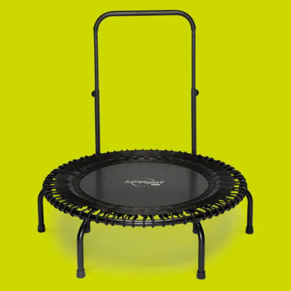 Jumpsport fitness trampoline with handlebar shown on bright green background