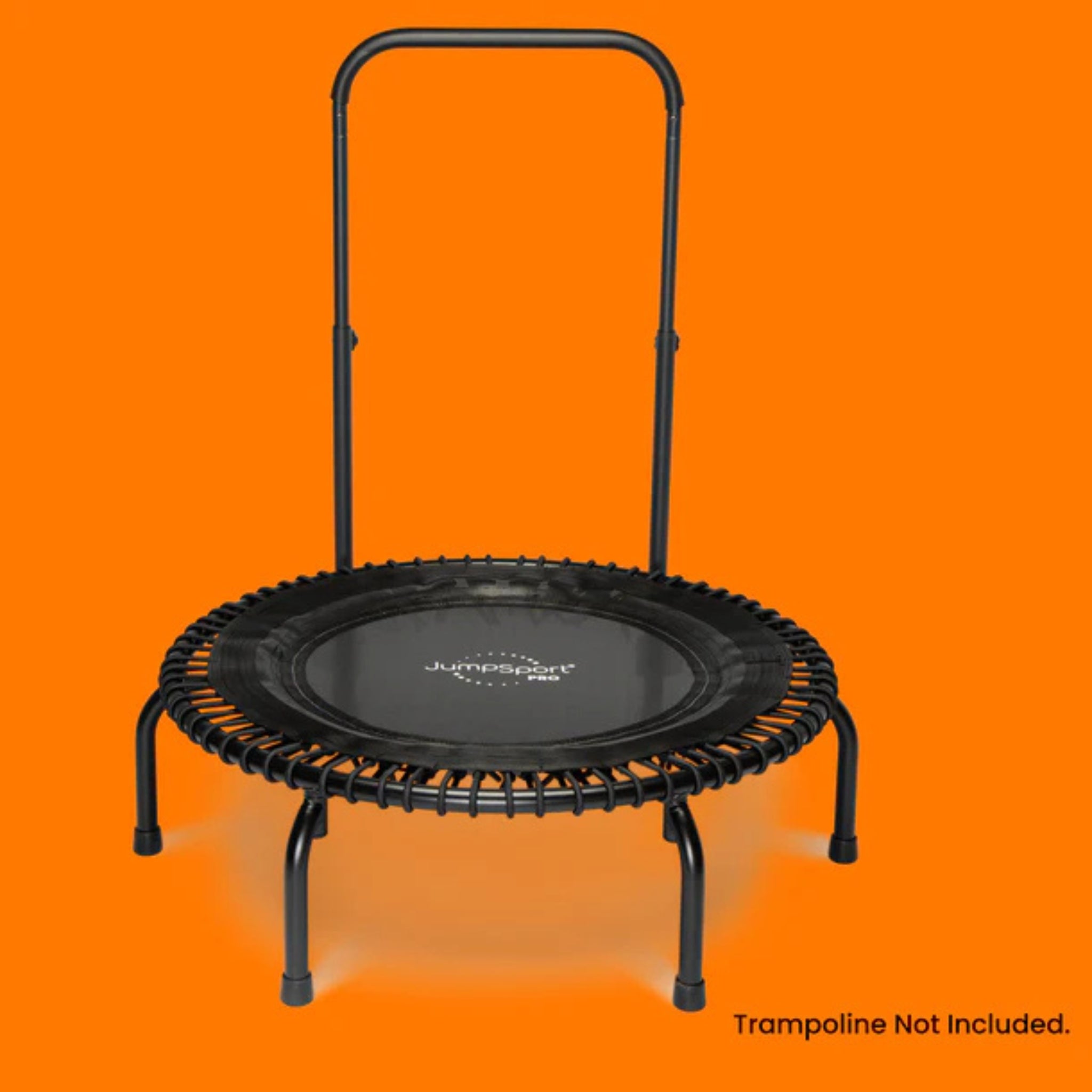 Jumpsport fitness trampoline with handlebar displayed on orange background
