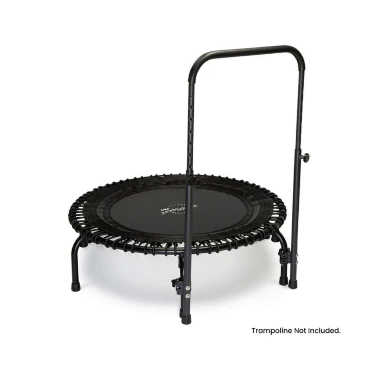 Side angled view of Jumpsport fitness trampoline with sturdy frame and handle