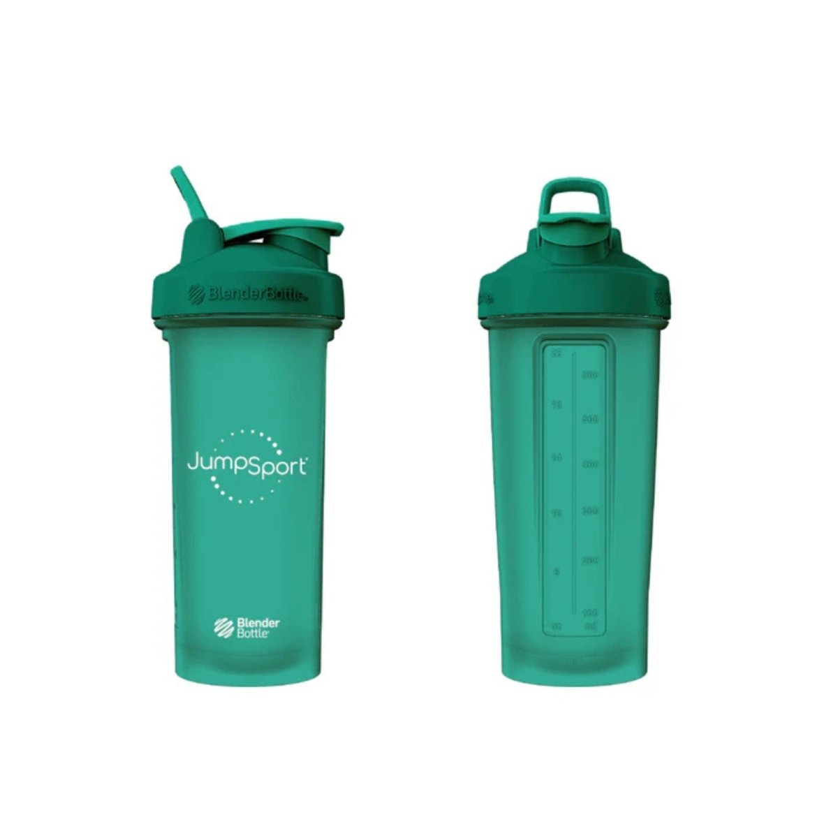 Jumpsport teal shaker bottle with measurement markings for workout nutrition