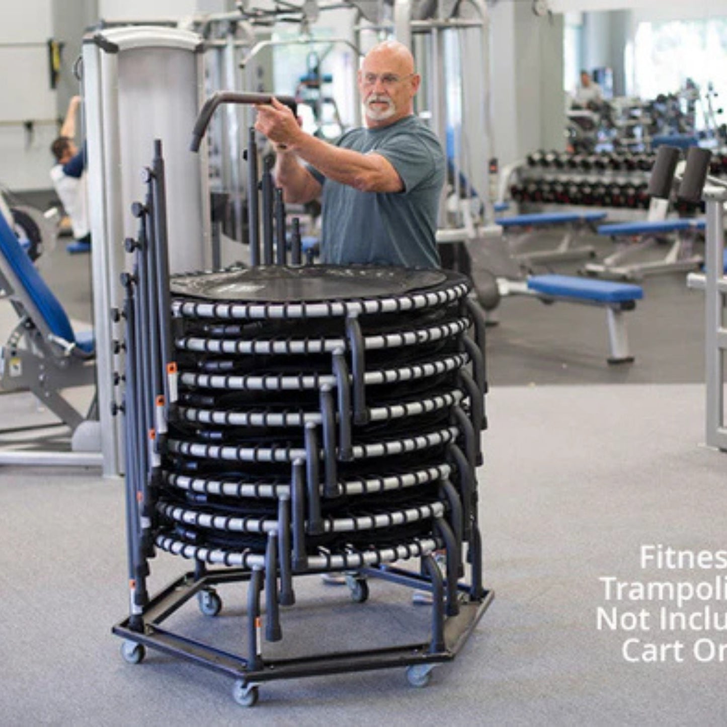 Jumpsport trampoline storage cart holding one rebounder for easy transport