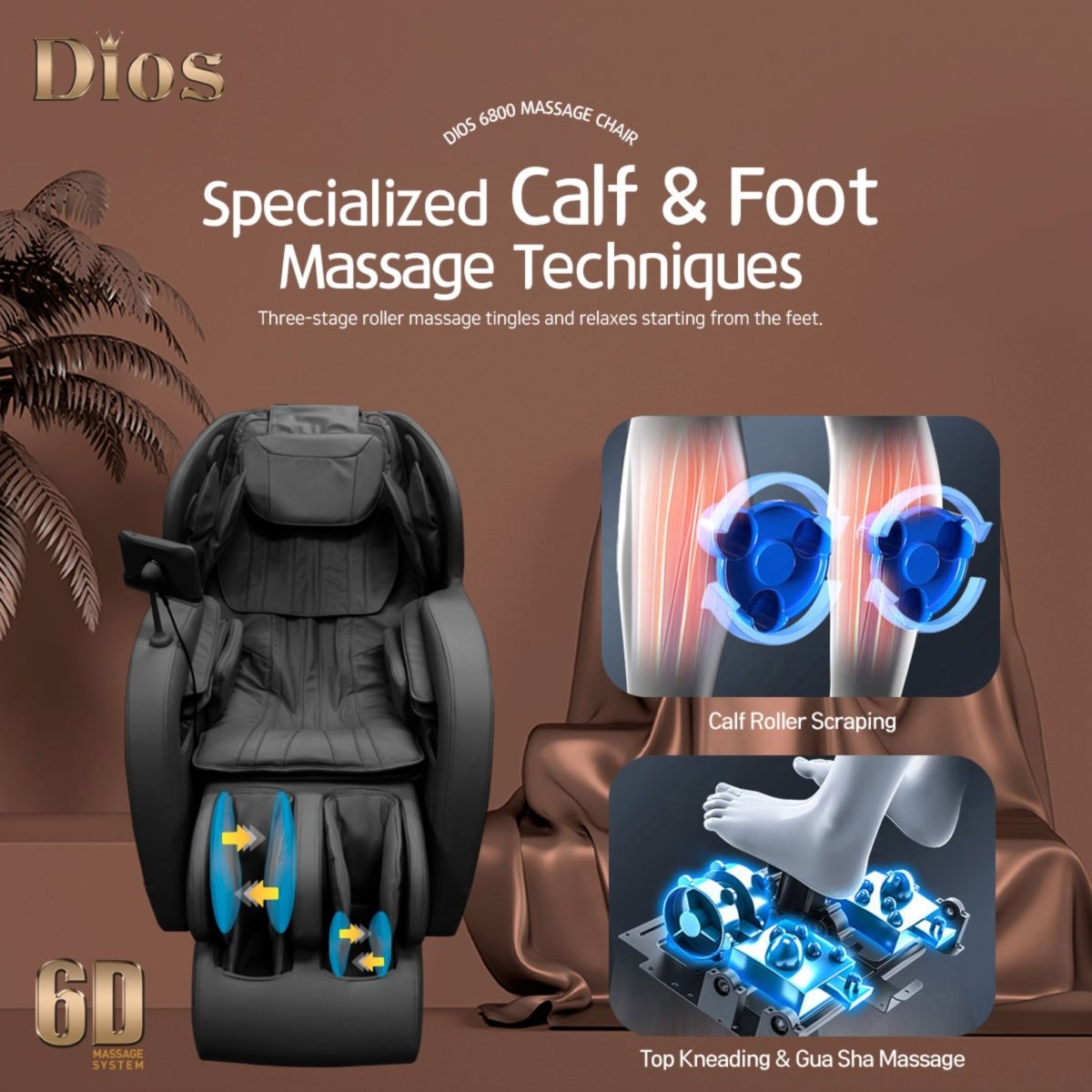 DIOS 6800 massage chair with specialized 6D calf and foot massage technology, featuring roller and kneading functions, highlighted in a modern lifestyle ad