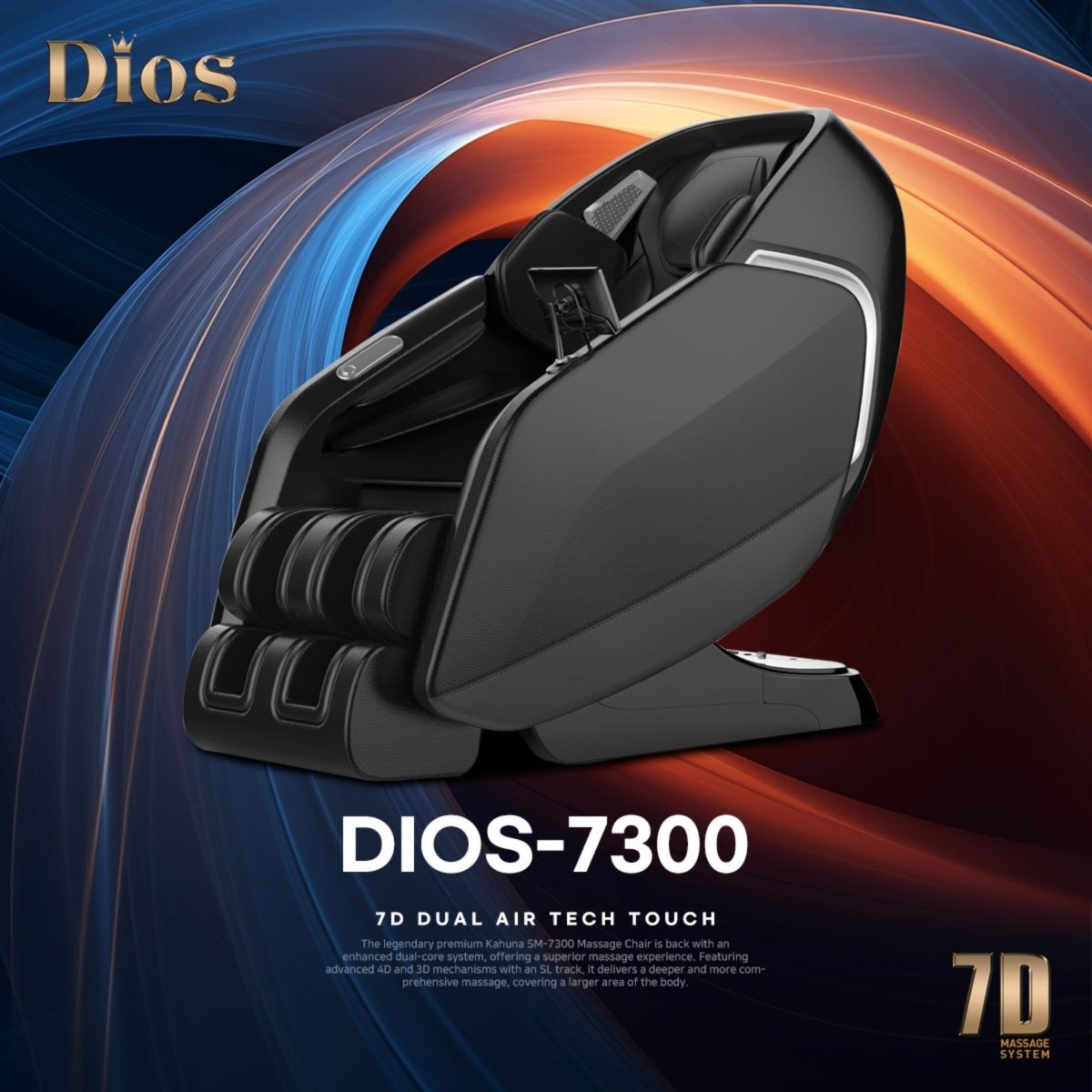Sleek black DIOS 7300 massage chair with advanced 7D dual air-tech touch system, showcased on a dynamic gradient background for premium branding