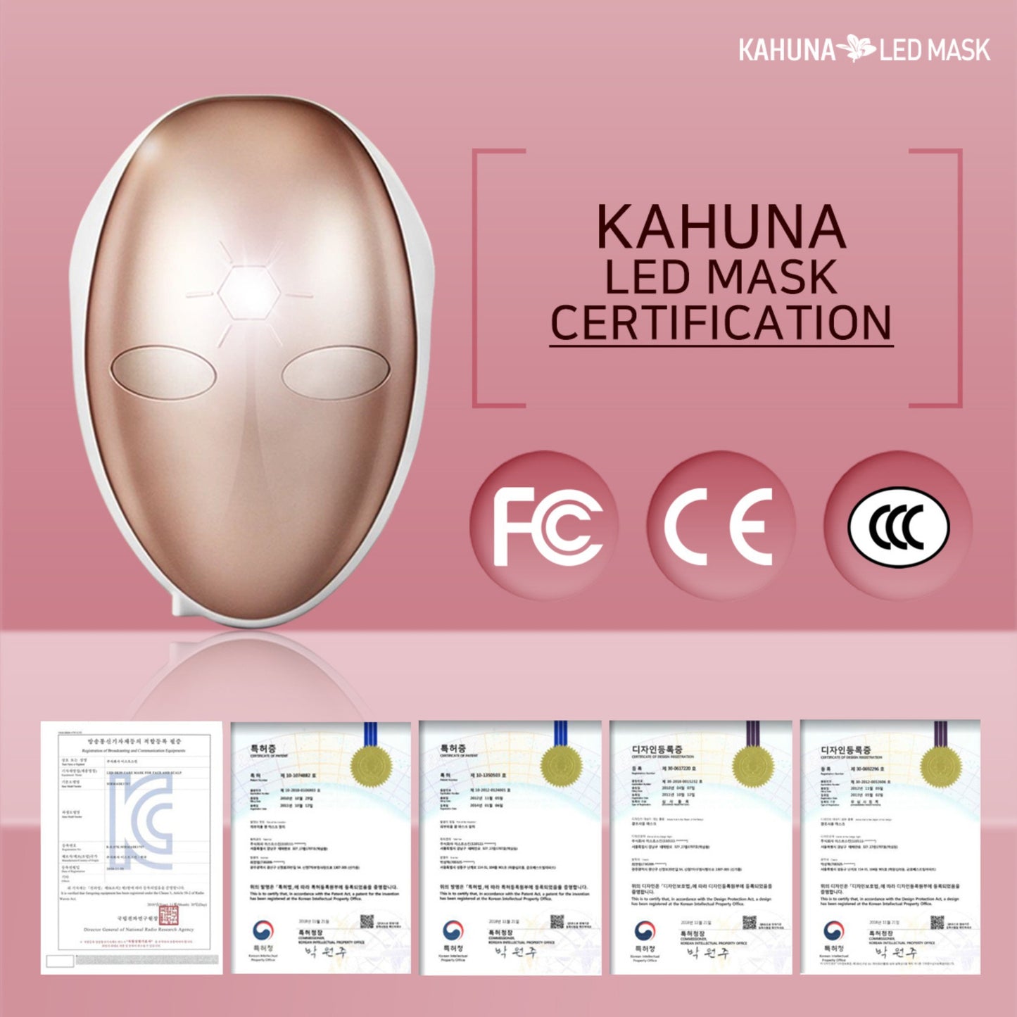 Kahuna LED mask infographic showing three skincare treatment modes