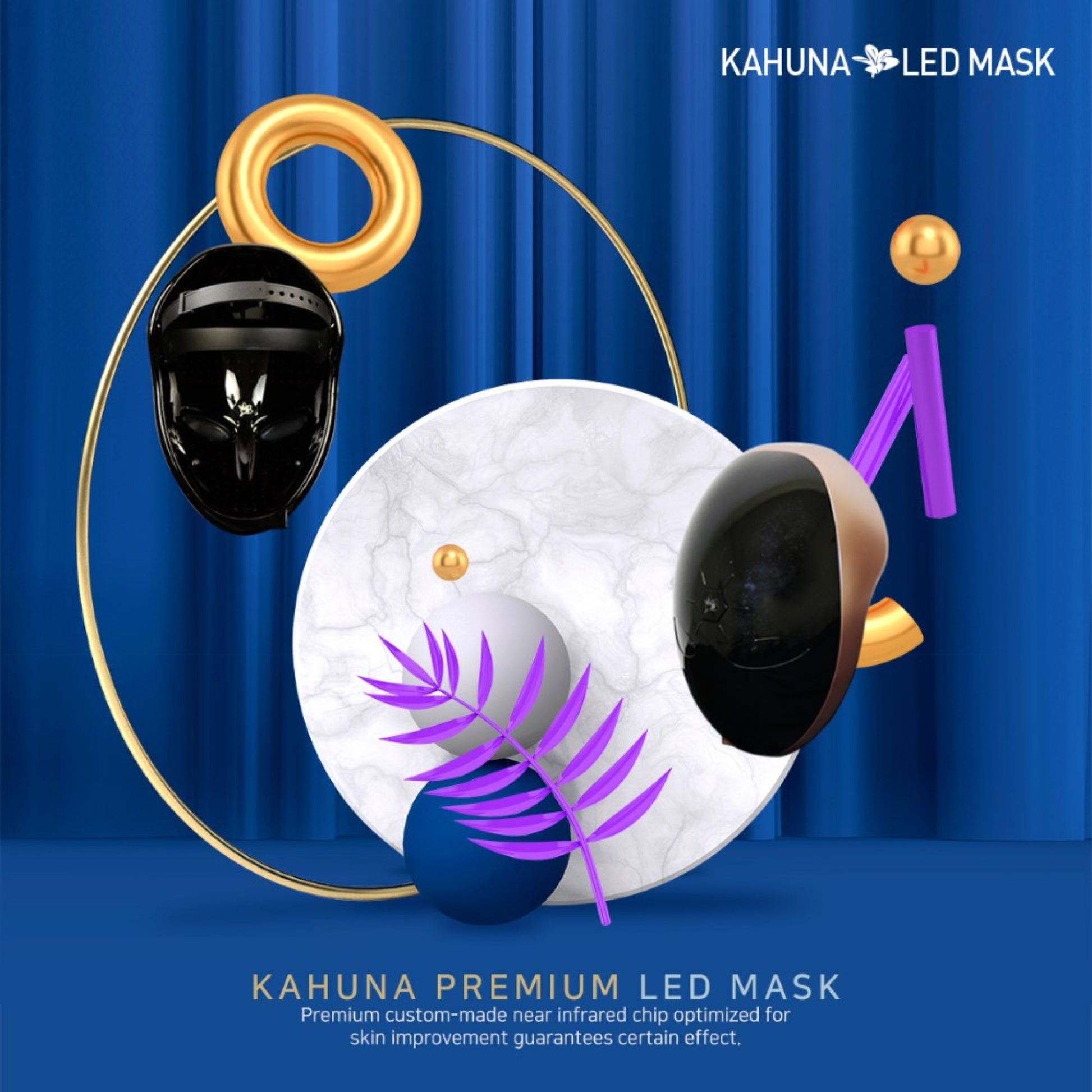 Kahuna Premium LED mask displayed on blue theme for skincare benefits