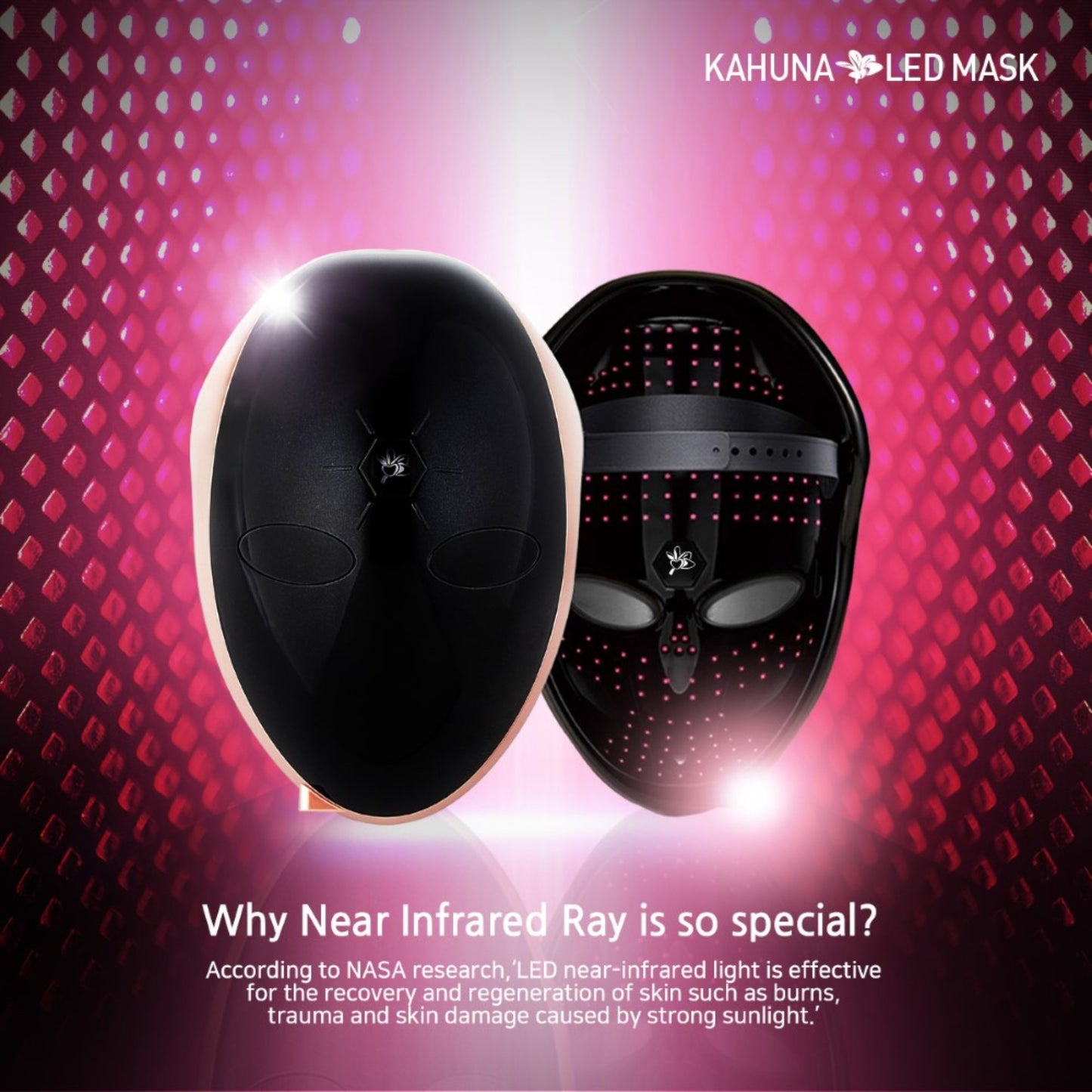 Kahuna Premium LED mask featured on elegant pink background for skin care