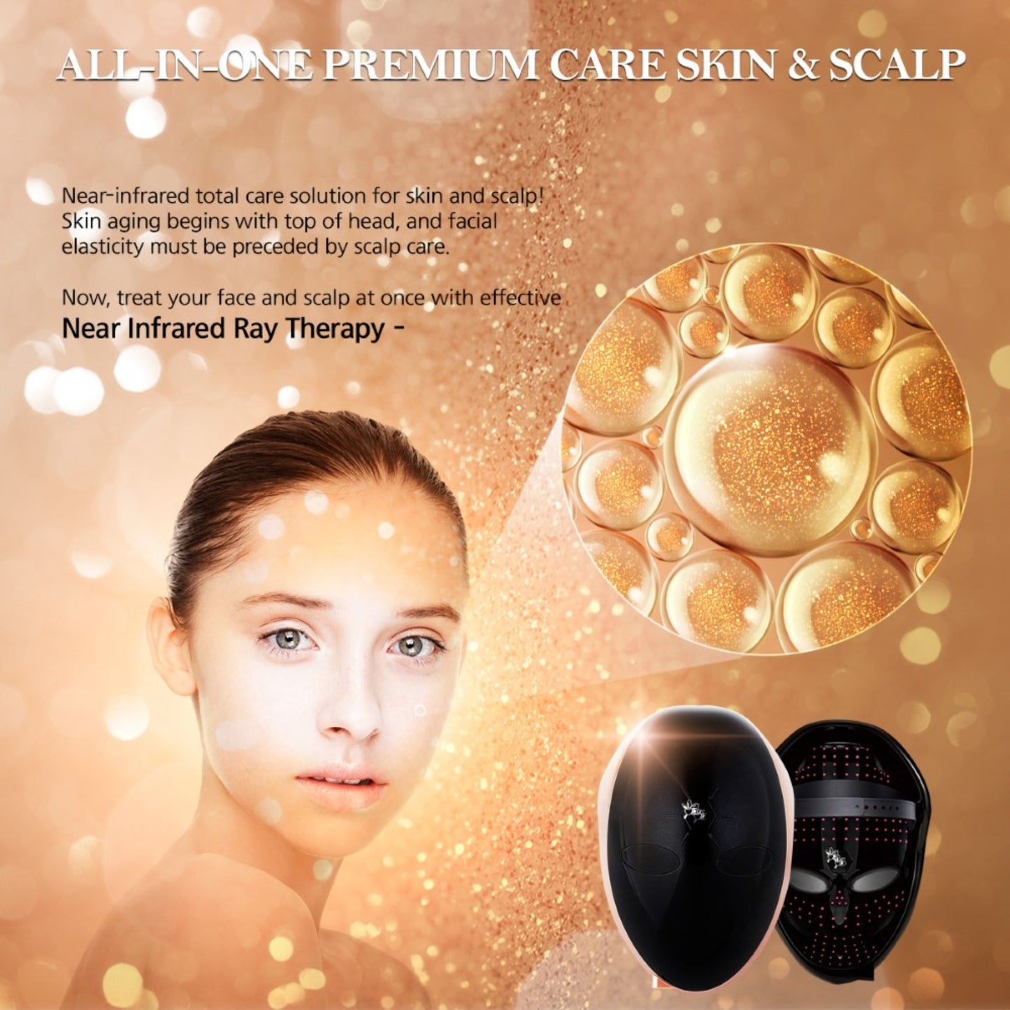Kahuna Premium LED mask shown with golden glow for beauty treatment