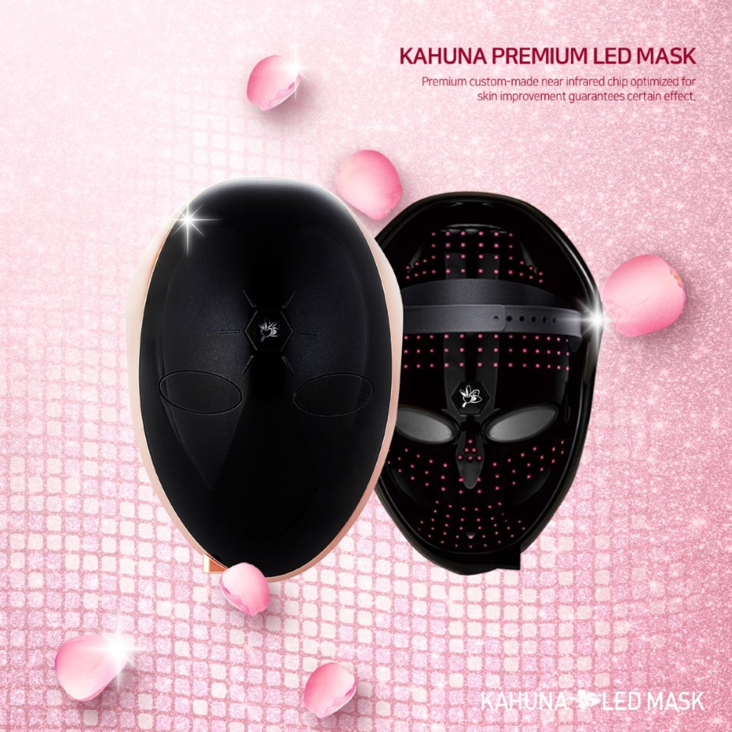 Kahuna Premium LED mask in black design with pink background