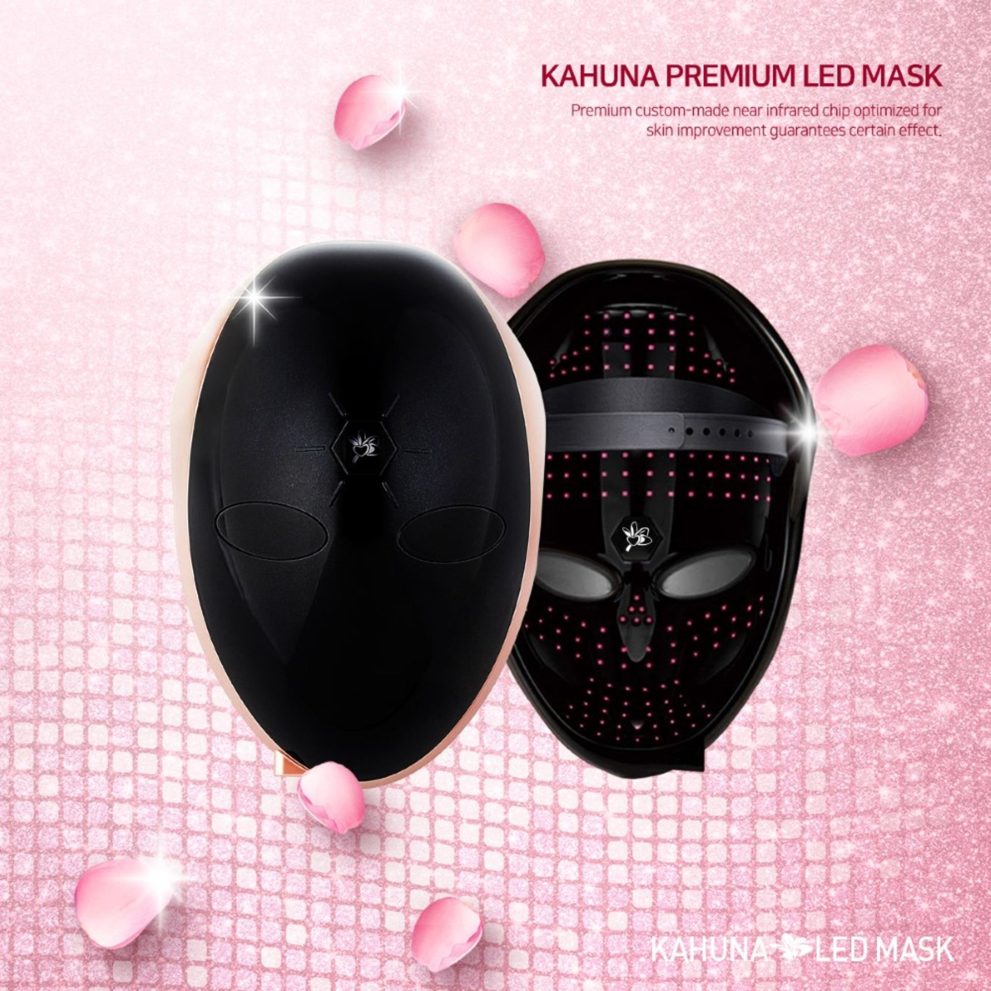 Kahuna Premium LED mask in black design with pink background