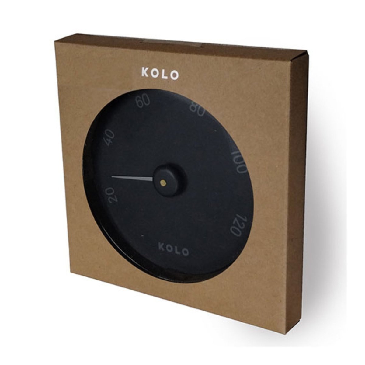 KOLO black sauna thermometer in its cardboard packaging, ready for display or sale.