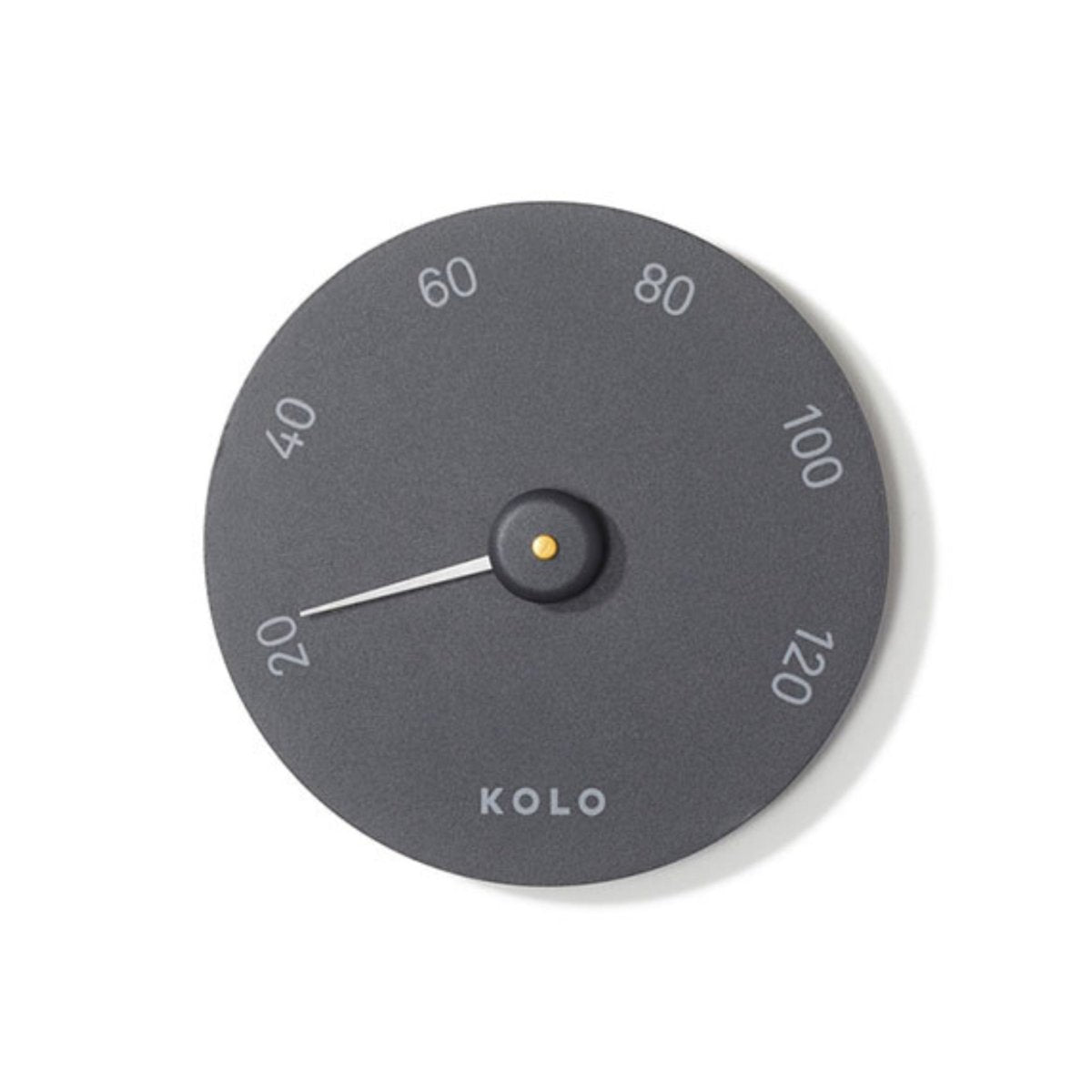 KOLO gray sauna thermometer viewed from the front, displaying simple Finnish craftsmanship