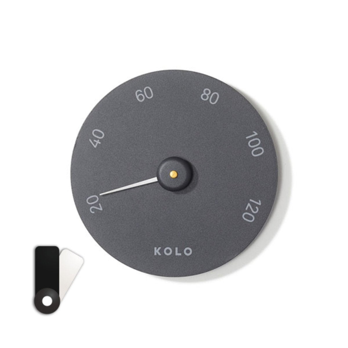 KOLO black sauna thermometer with minimalist round design and temperature markings up to 120°C.