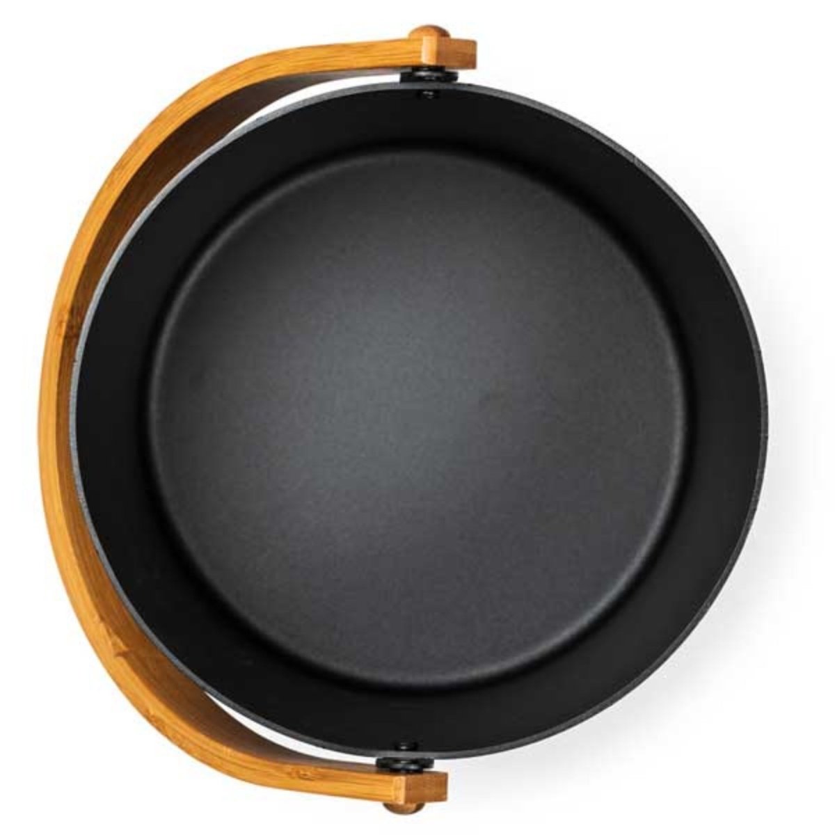 Top view of the Leisurecraft Narvi Black Sauna Bucket showing the round matte black interior and curved natural wooden handle displayed on a white background.