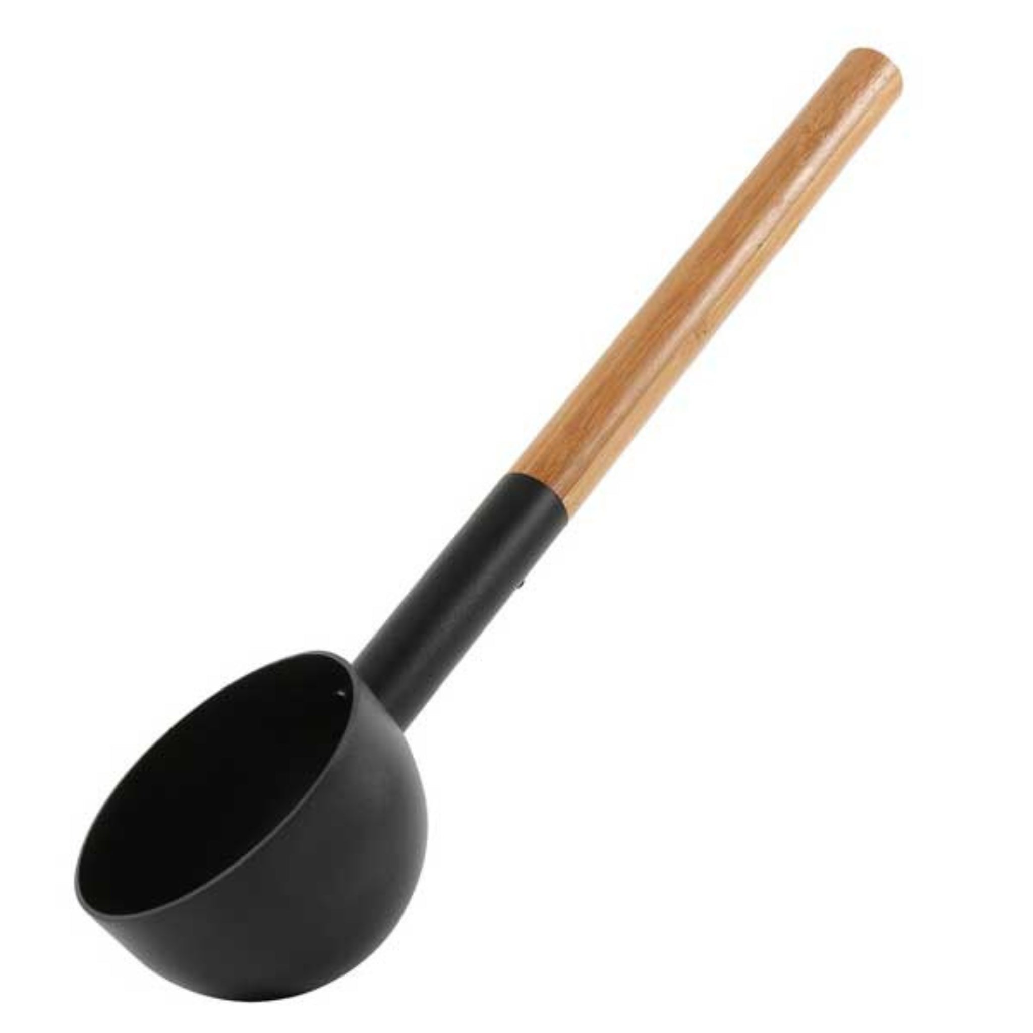 Leisurecraft Narvi Black Sauna Ladle with matte black scoop and natural wooden handle displayed on a white background.