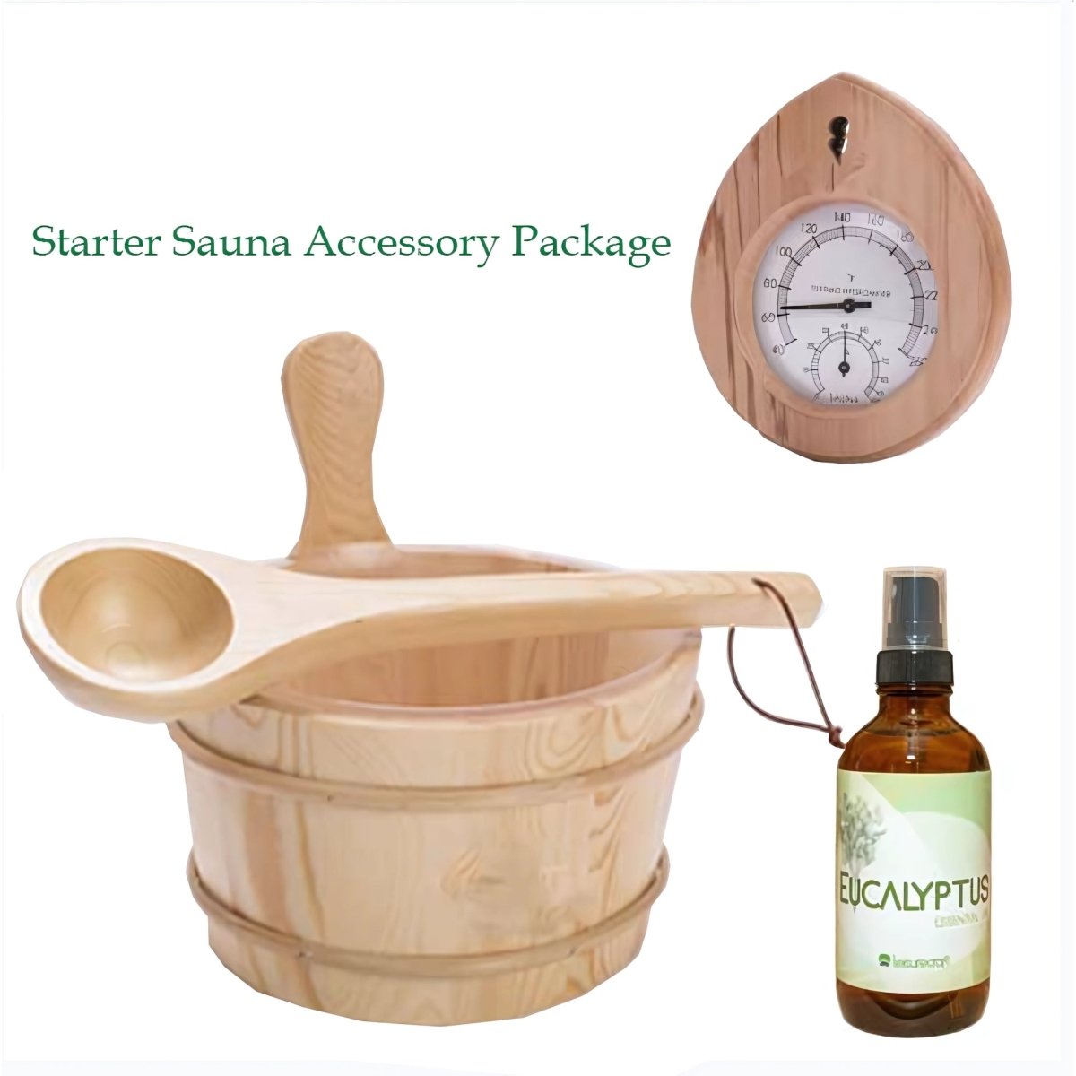 Leisurecraft Starter Sauna Accessory Package with cedar bucket, ladle, eucalyptus essence bottle, and thermometer
